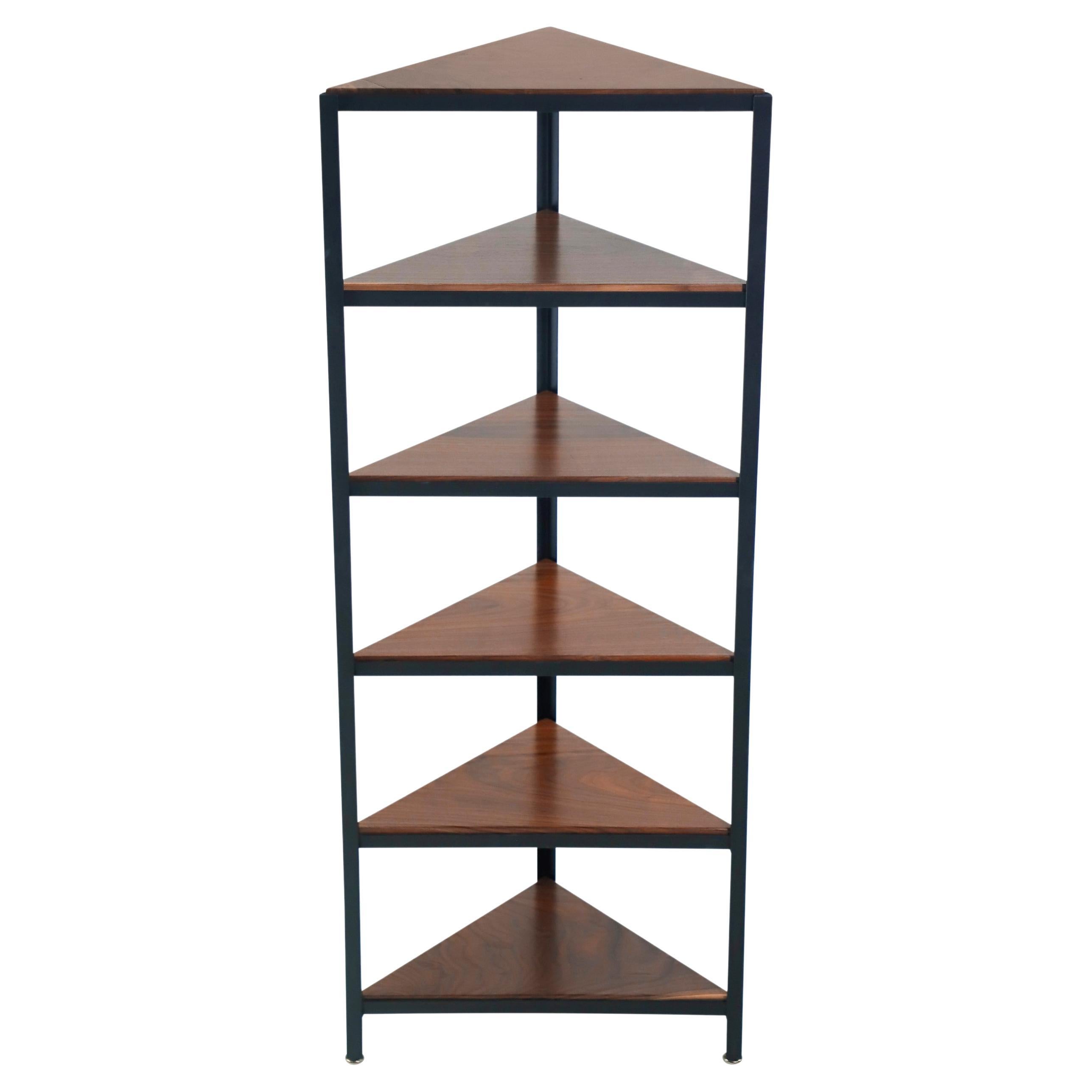 Steel Framed Corner 6 Shelf Unit w Solid Walnut Shelves For Sale