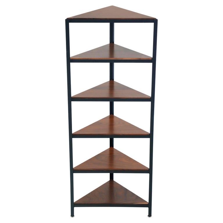 Steel Framed Corner 6 Shelf Unit w Solid Walnut Shelves For Sale at 1stDibs