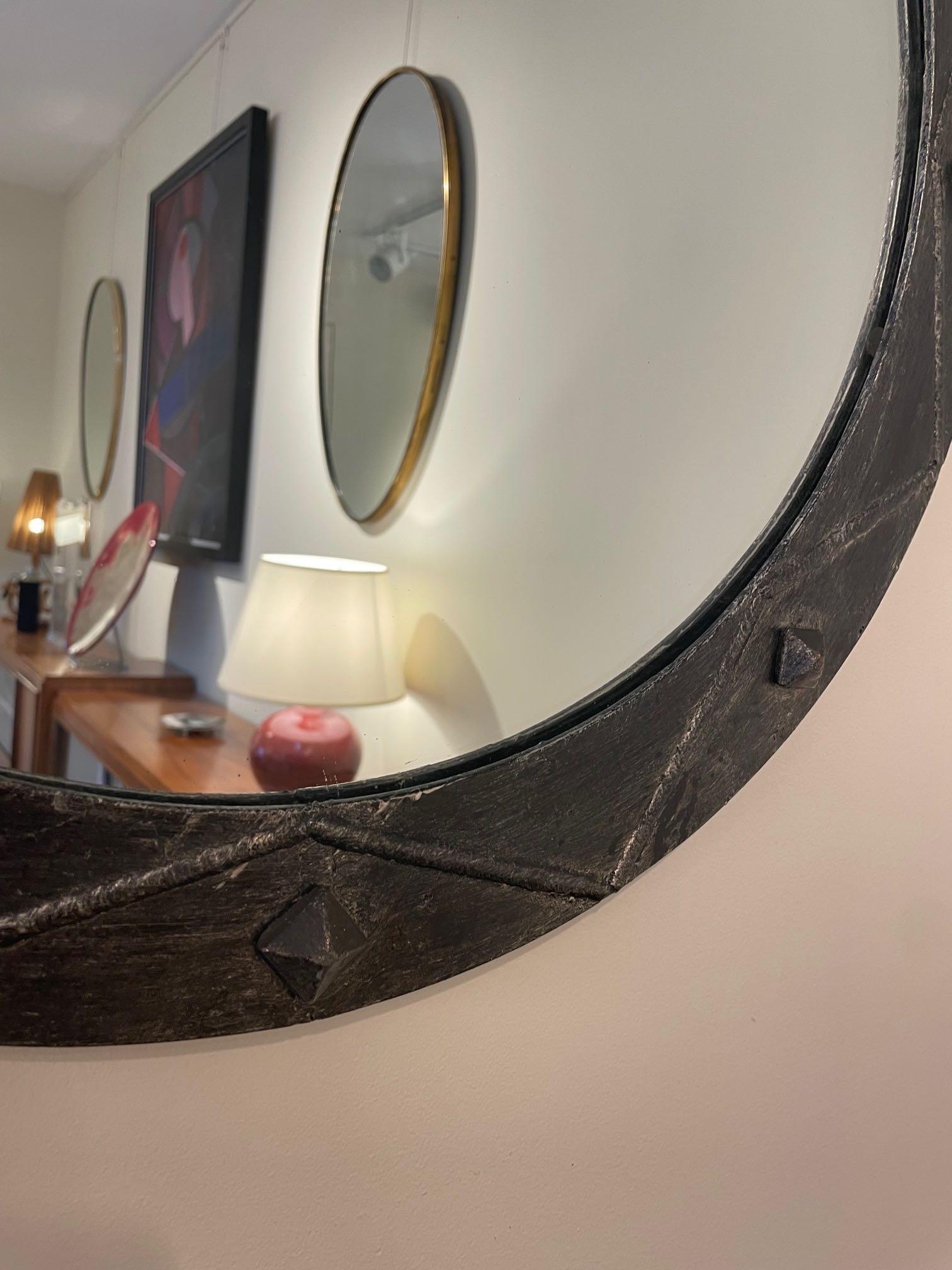 Steel Framed Mirror with Faux Leather Strap, Spain, 1950s In Good Condition In New York, NY