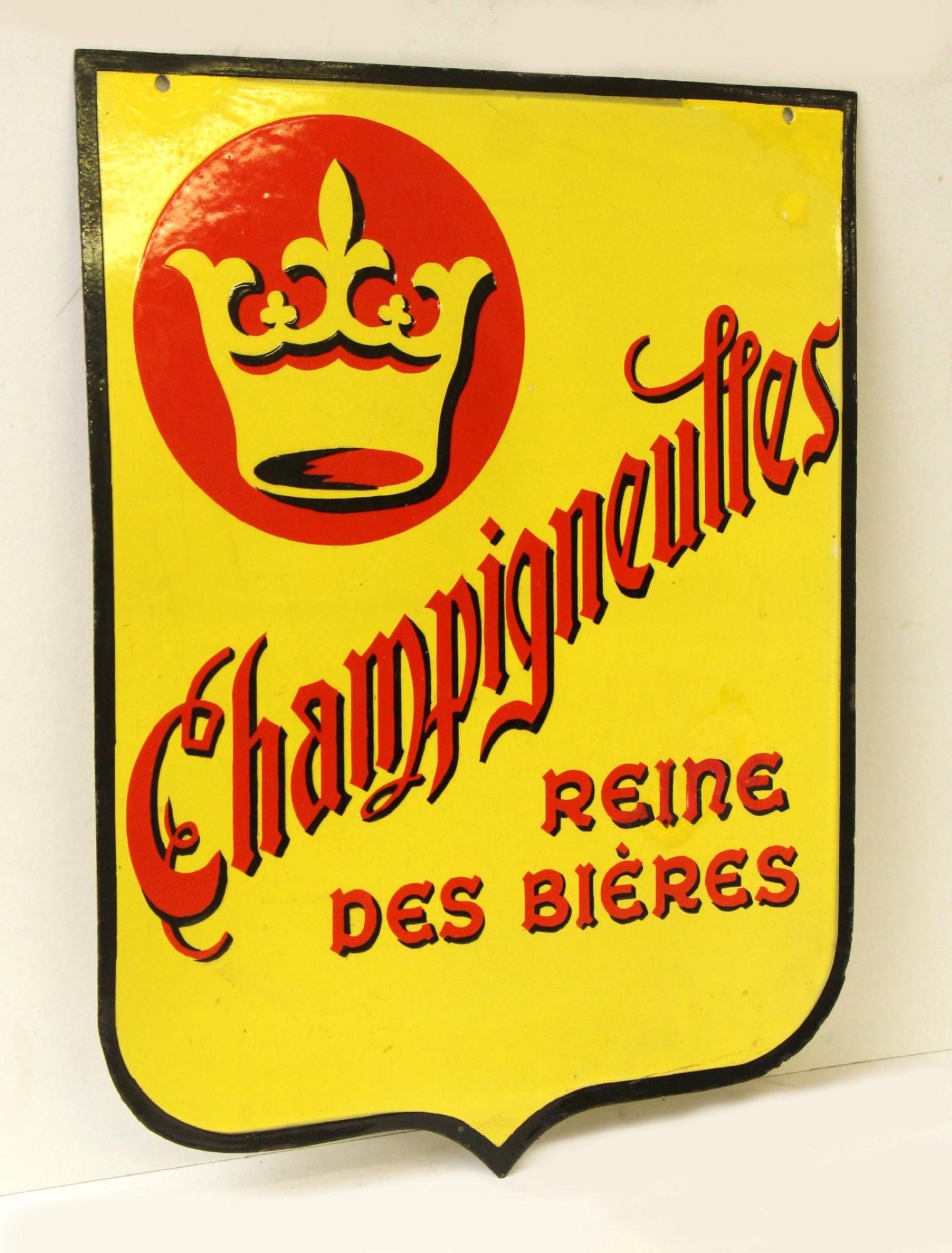 Two sided yellow steel wall sign featuring a yellow crown in a red circle and 
