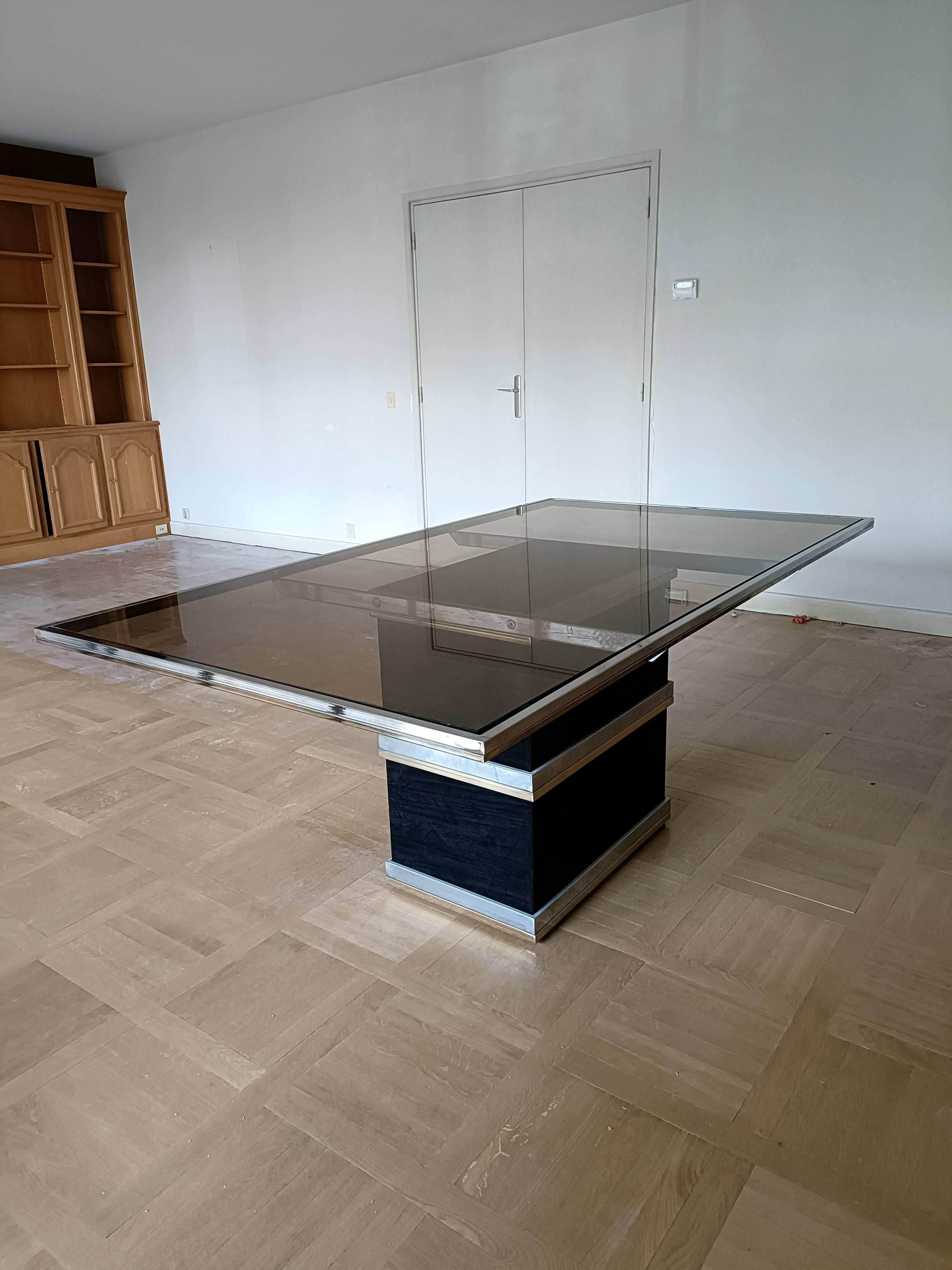 Steel Glass and Brass Dining or Conference Table by Willy Rizzo 70s 1970 In Fair Condition In Paris, FR