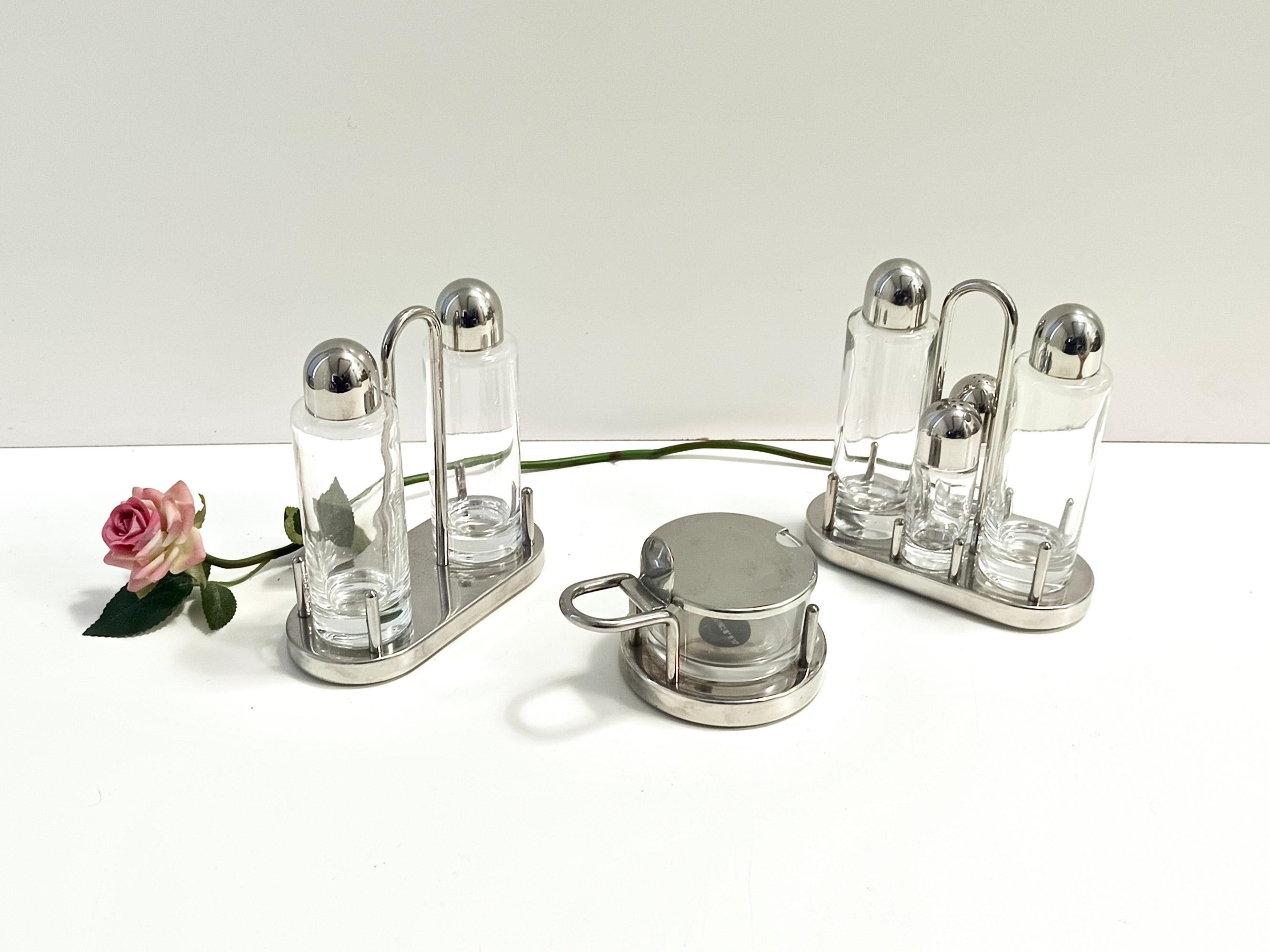 Post-Modern Steel, Glass and Plastic Cruet Set with Cheese Bowl by E. Sottsass for Alessi For Sale
