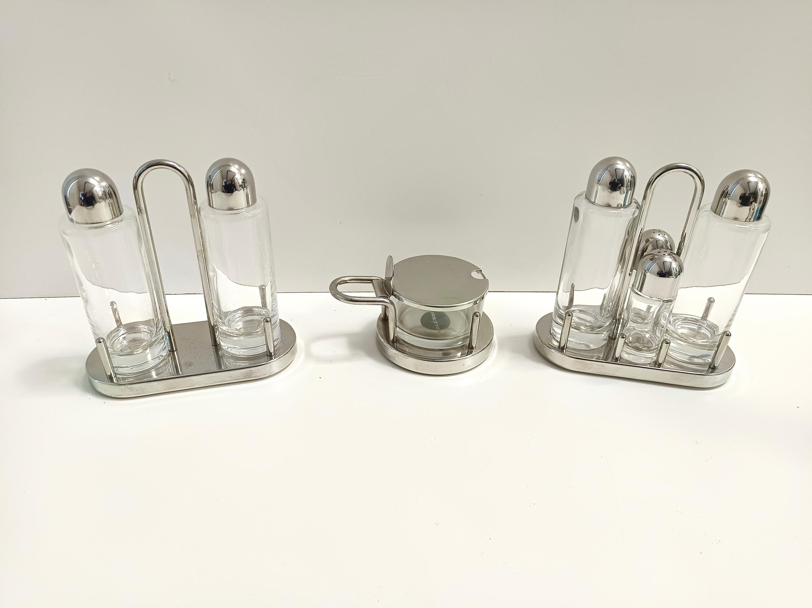 Italian Steel, Glass and Plastic Cruet Set with Cheese Bowl by E. Sottsass for Alessi For Sale