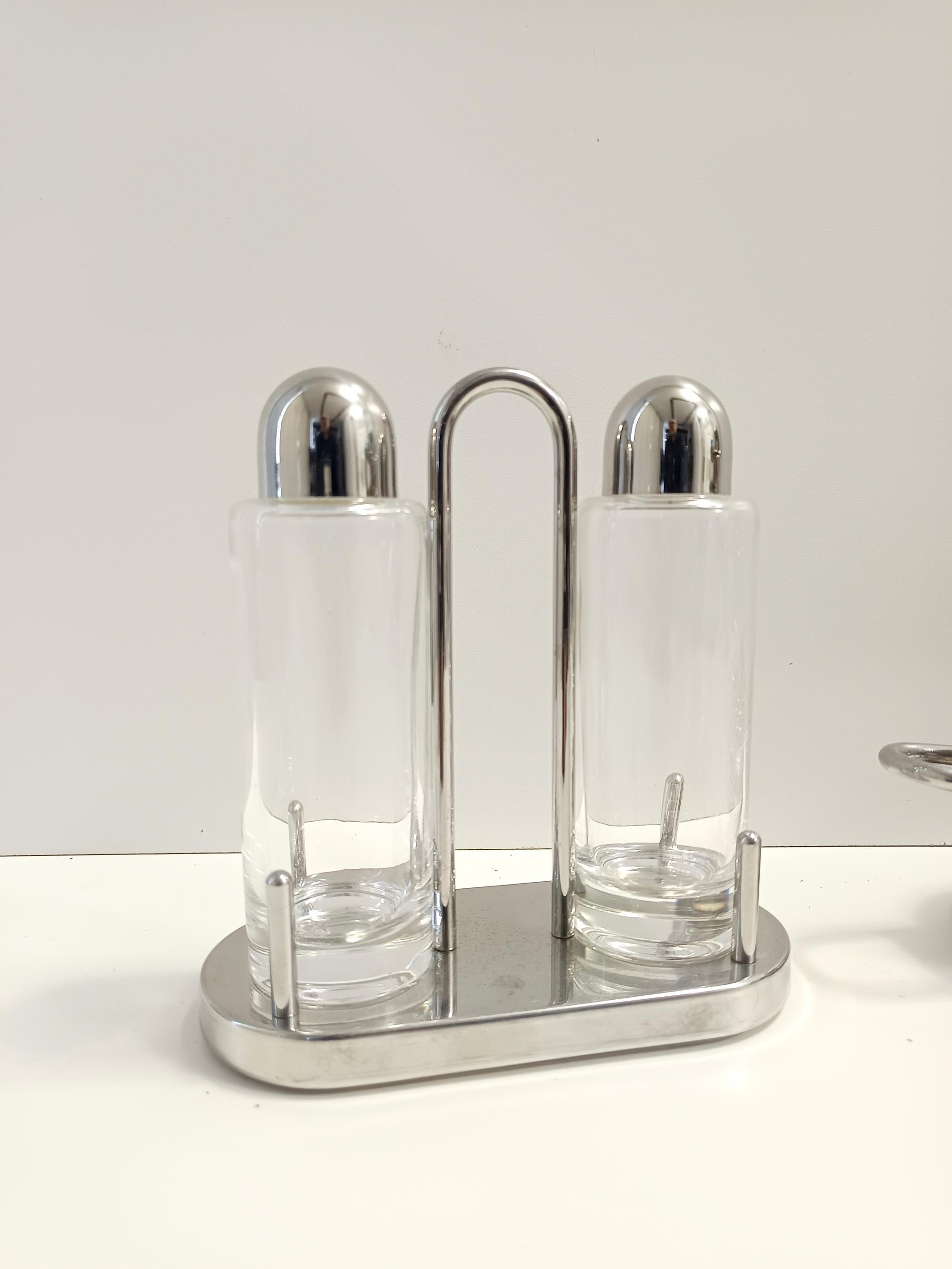 Steel, Glass and Plastic Cruet Set with Cheese Bowl by E. Sottsass for Alessi In Good Condition For Sale In Bresso, Lombardy