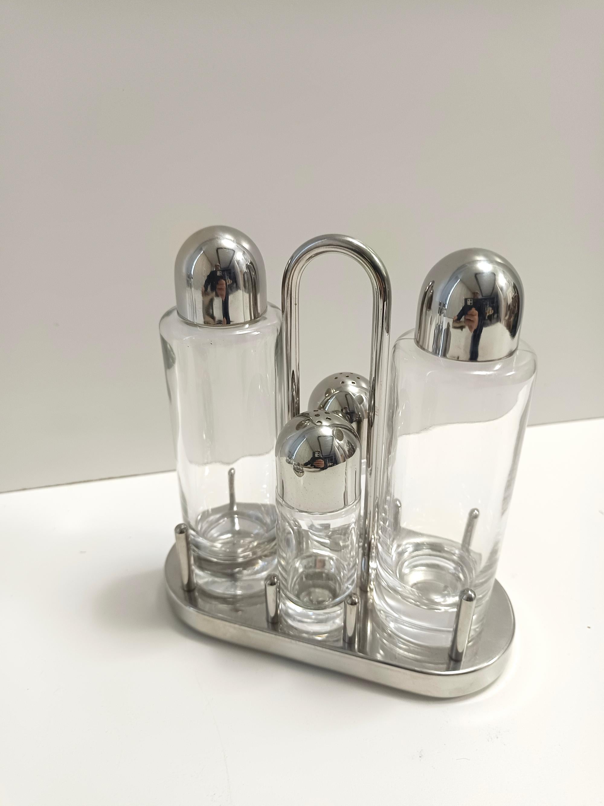 Late 20th Century Steel, Glass and Plastic Cruet Set with Cheese Bowl by E. Sottsass for Alessi For Sale