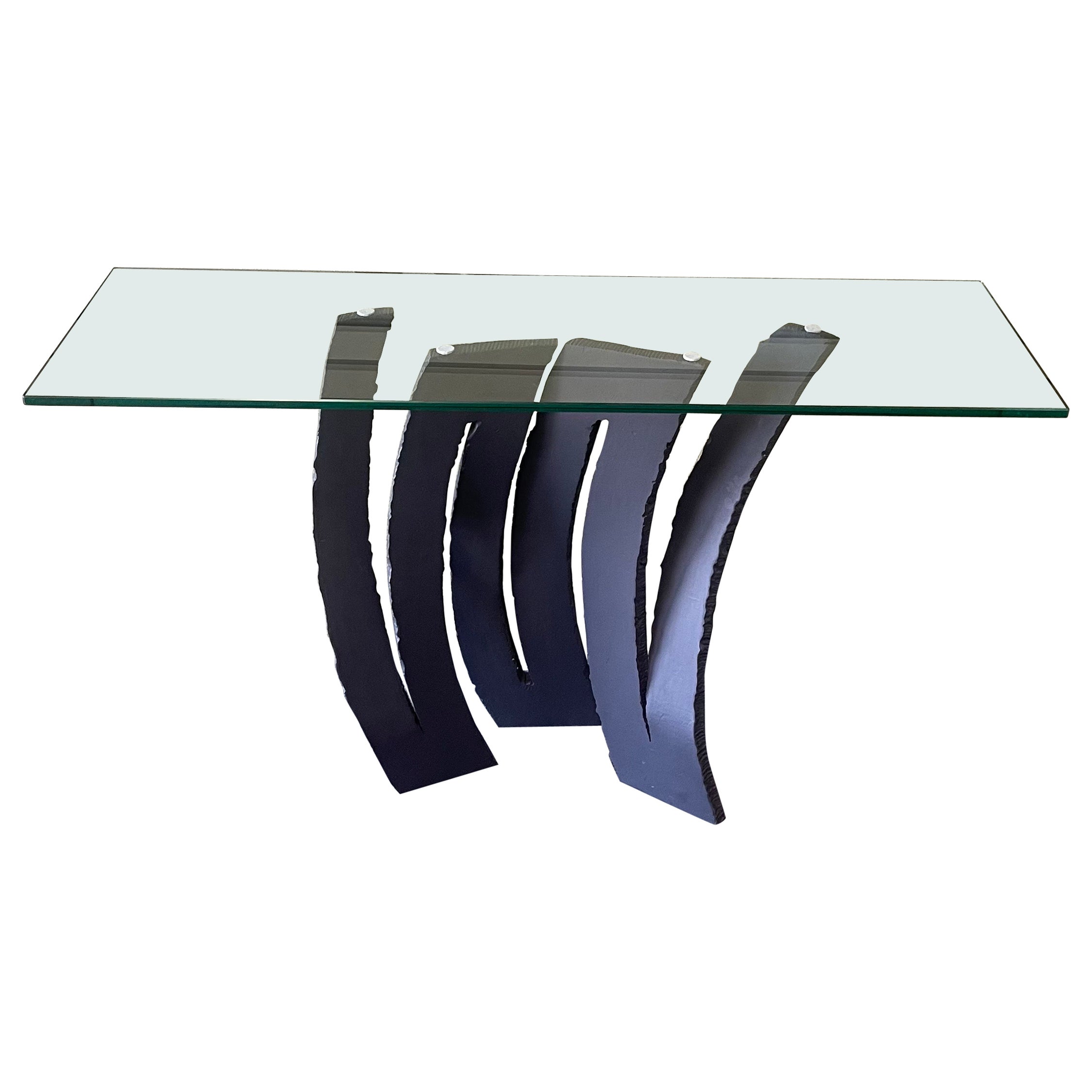 Table console « Fleur de Fer �» en acier et verre de Maurice Barilone pour Roche Bobois