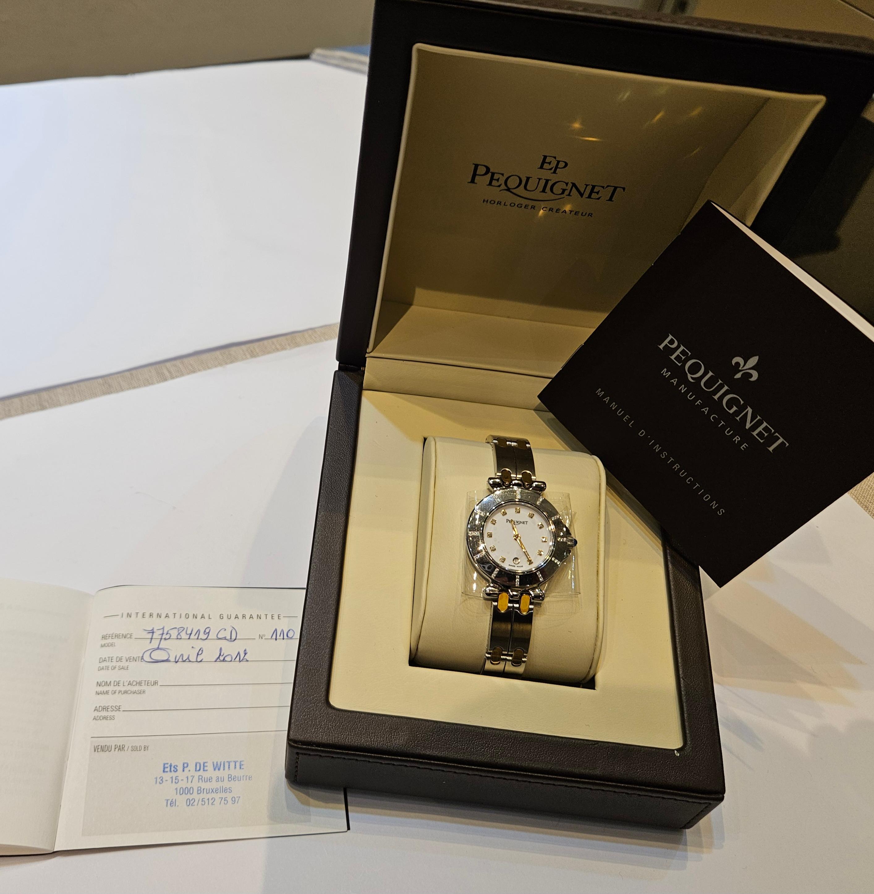 Steel & Gold EP Pequignet Diamonds Wristwatch Moorea Collection With Box & Paper For Sale 6