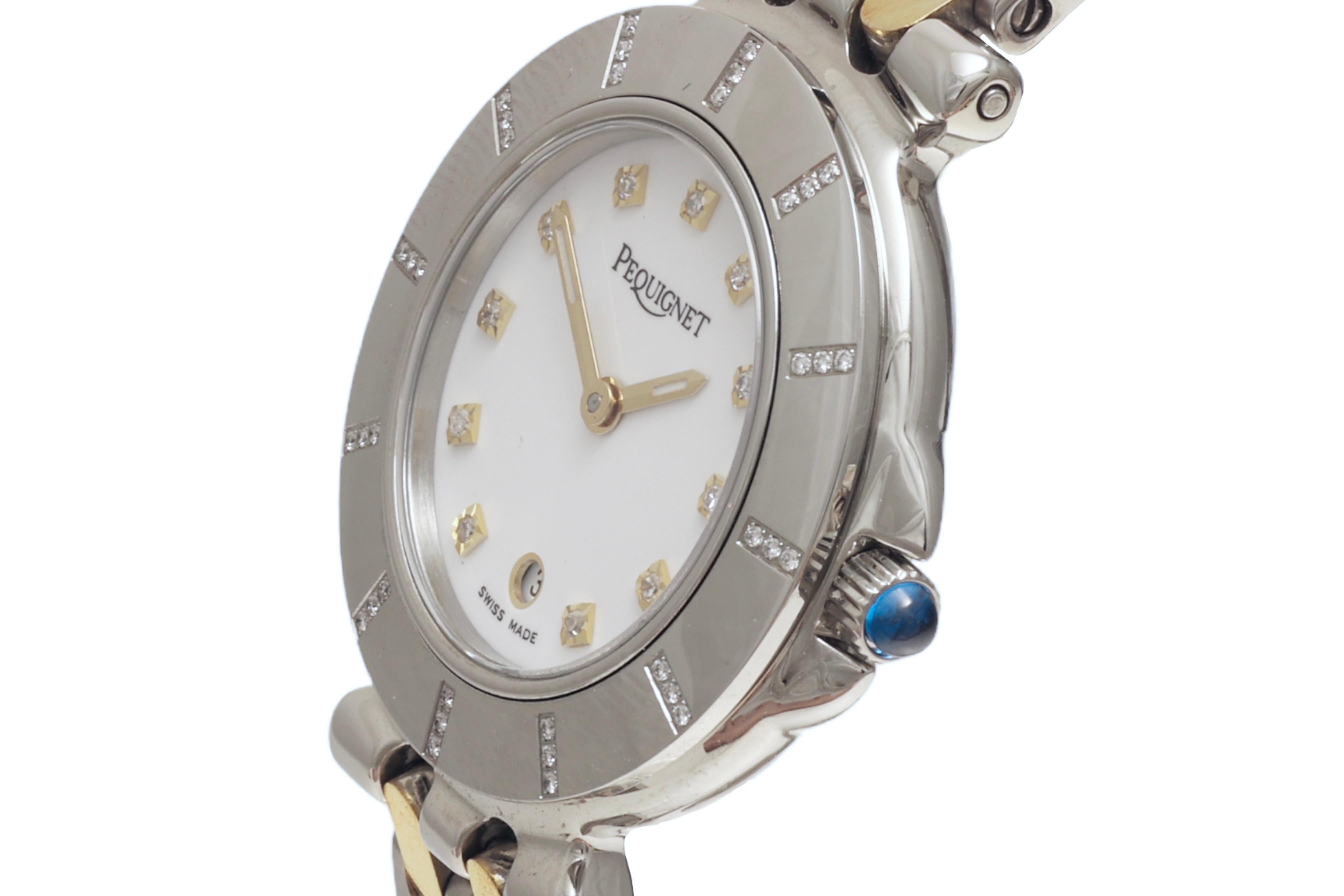 Brilliant Cut Steel & Gold EP Pequignet Diamonds Wristwatch Moorea Collection With Box & Paper For Sale