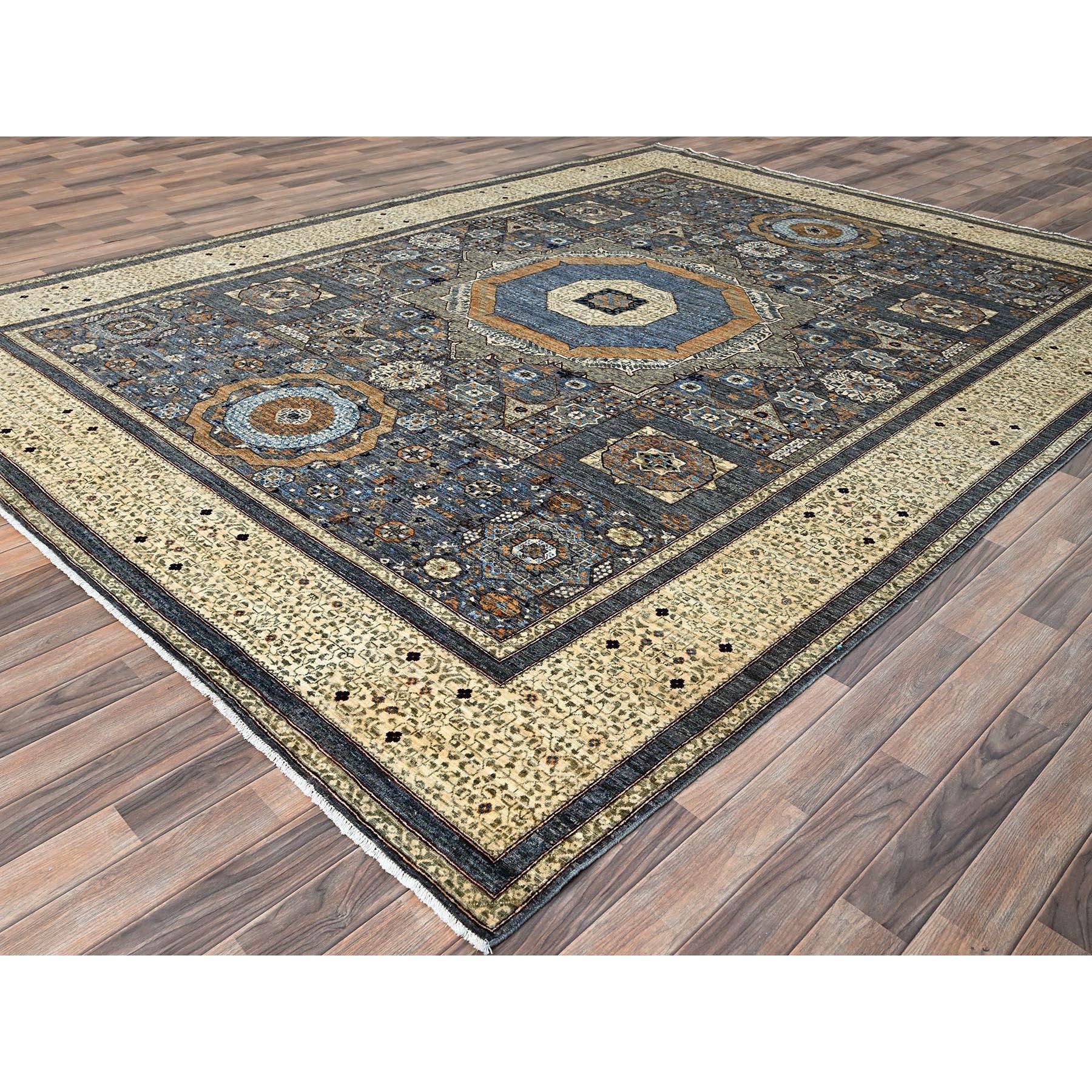 Stahlgrau Hand geknotet Mamluke Dynasty Vibrant Wolle Orientteppich 9' x 12' (Prähistorisch) im Angebot