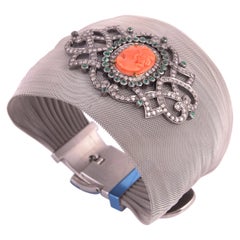 Steel Grey Mesh Bracelet with Diamond and Coral Motif in Center