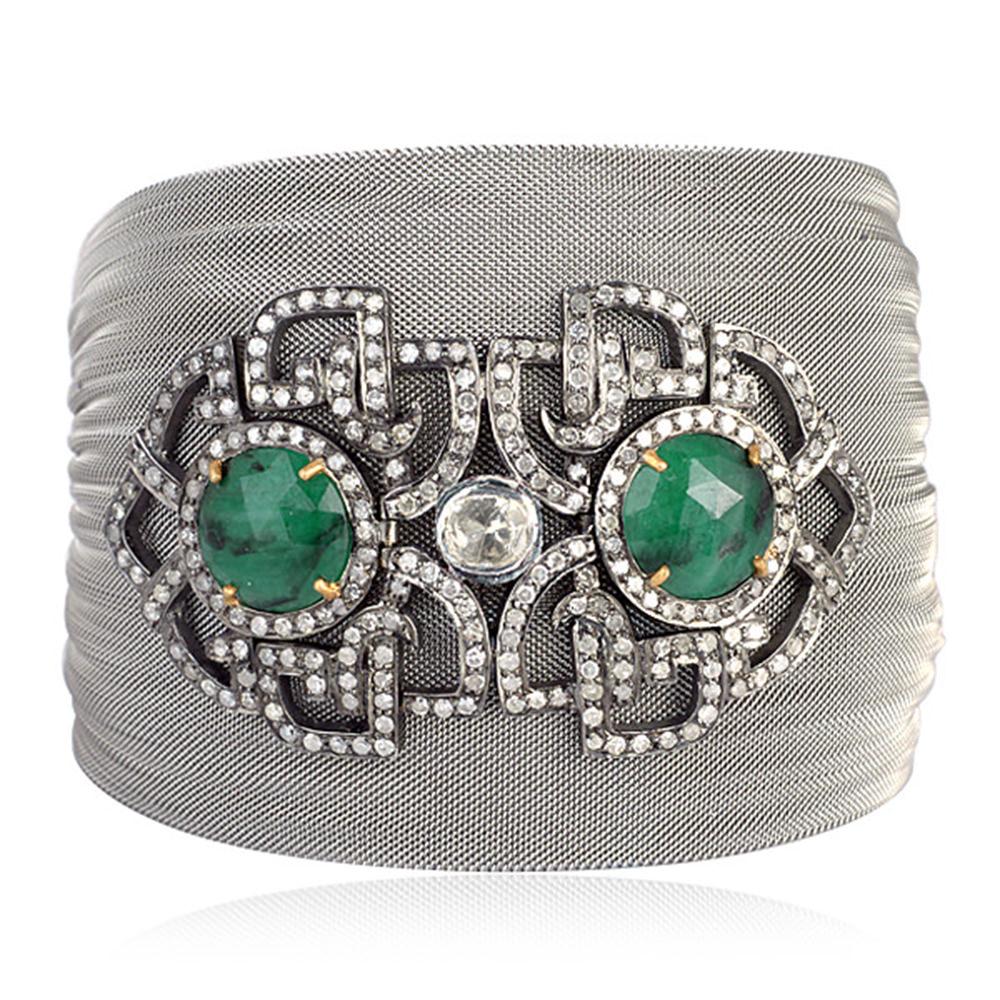 Modern Steel Grey Mesh Bracelet with Diamond and Emerald Motif in Center