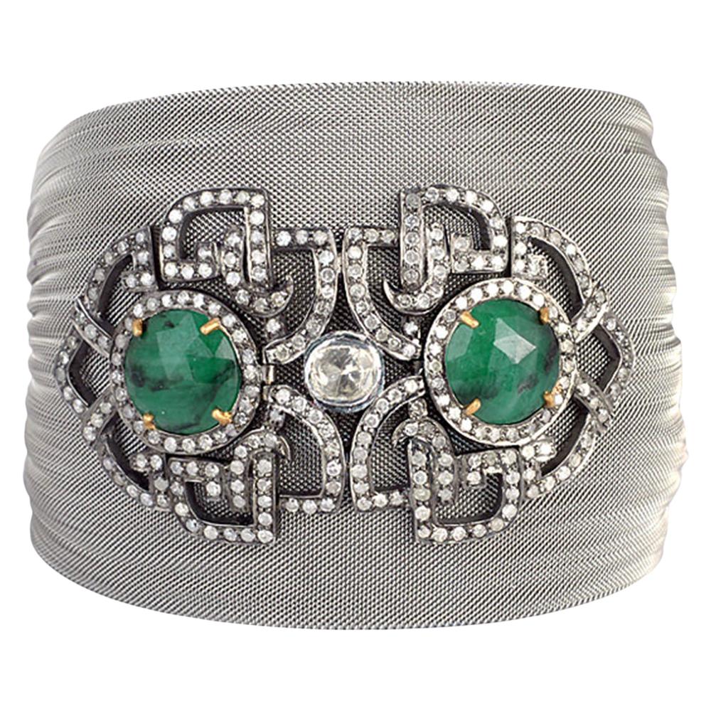 Steel Grey Mesh Bracelet with Diamond and Emerald Motif in Center