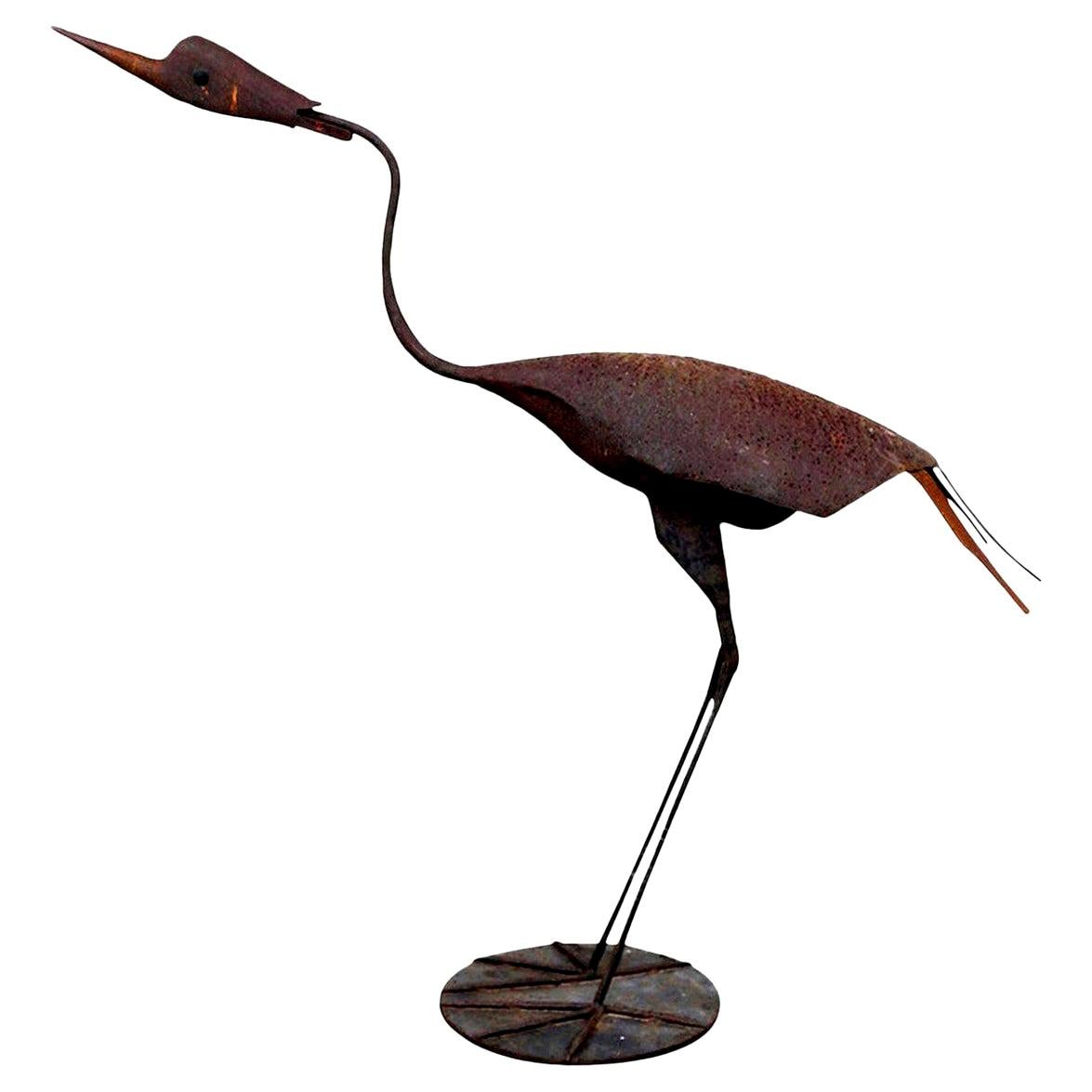 Metal Large Steel Heron or Crane Folk Art Sculpture