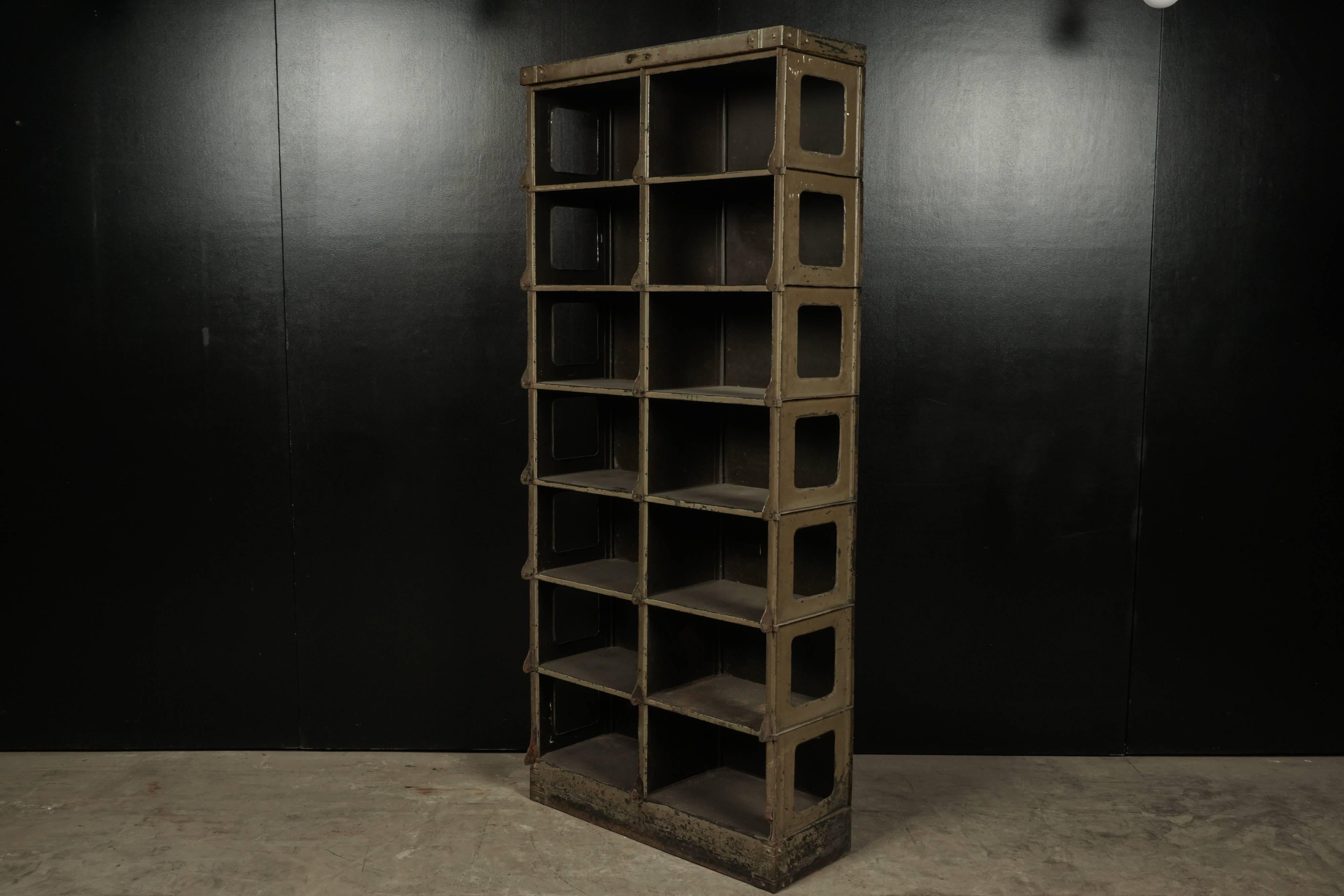 Vintage steel Industrial shelf manufactured by Strafor, France, circa 1930. Nice original color and patina.