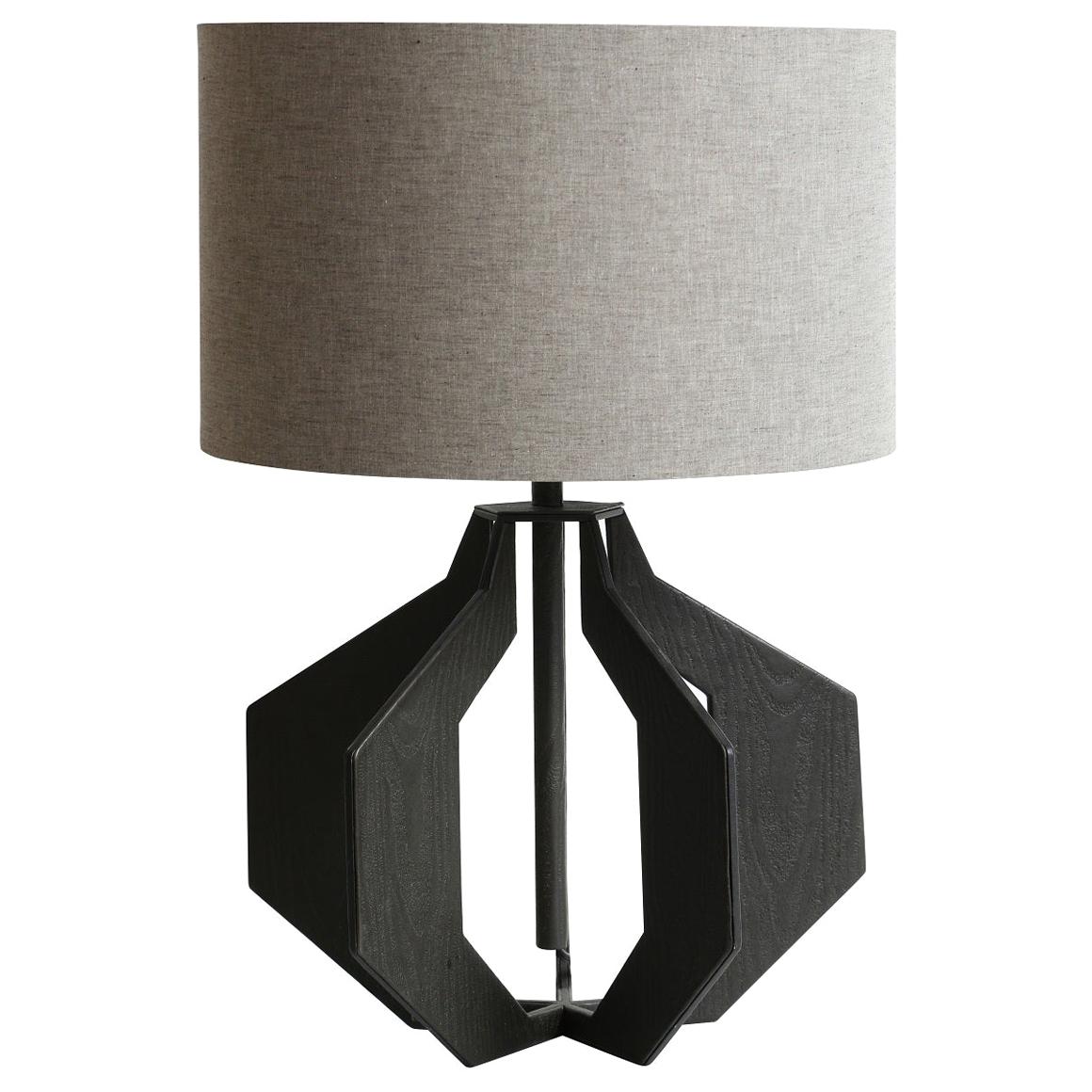 Steel Lamp Covered in "Wood Grain" Embossed Black Lamp Leather with Cotton Shade For Sale