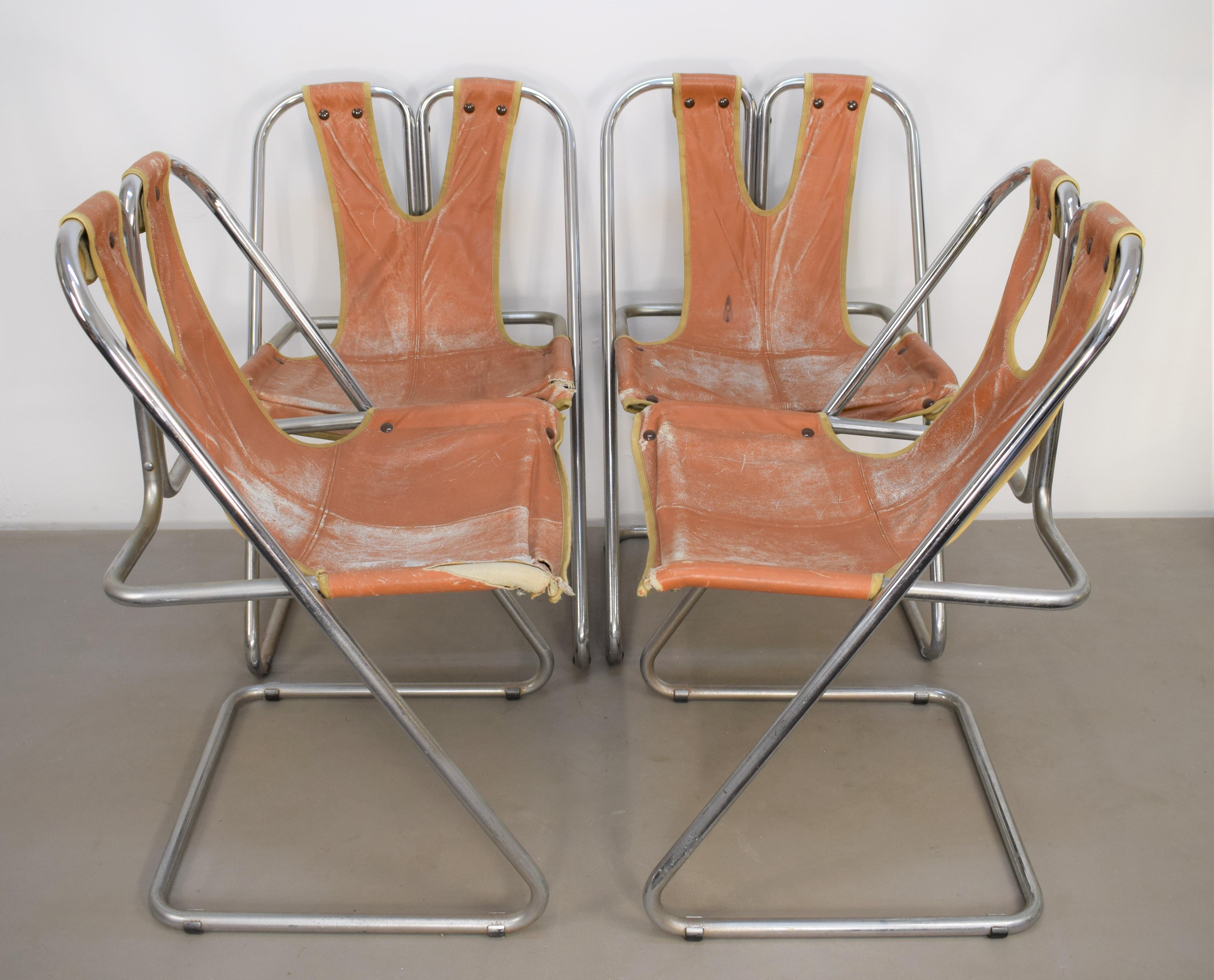 Steel & Leather Dining Chairs, 1970s, Set of 4 In Good Condition In Palermo, PA