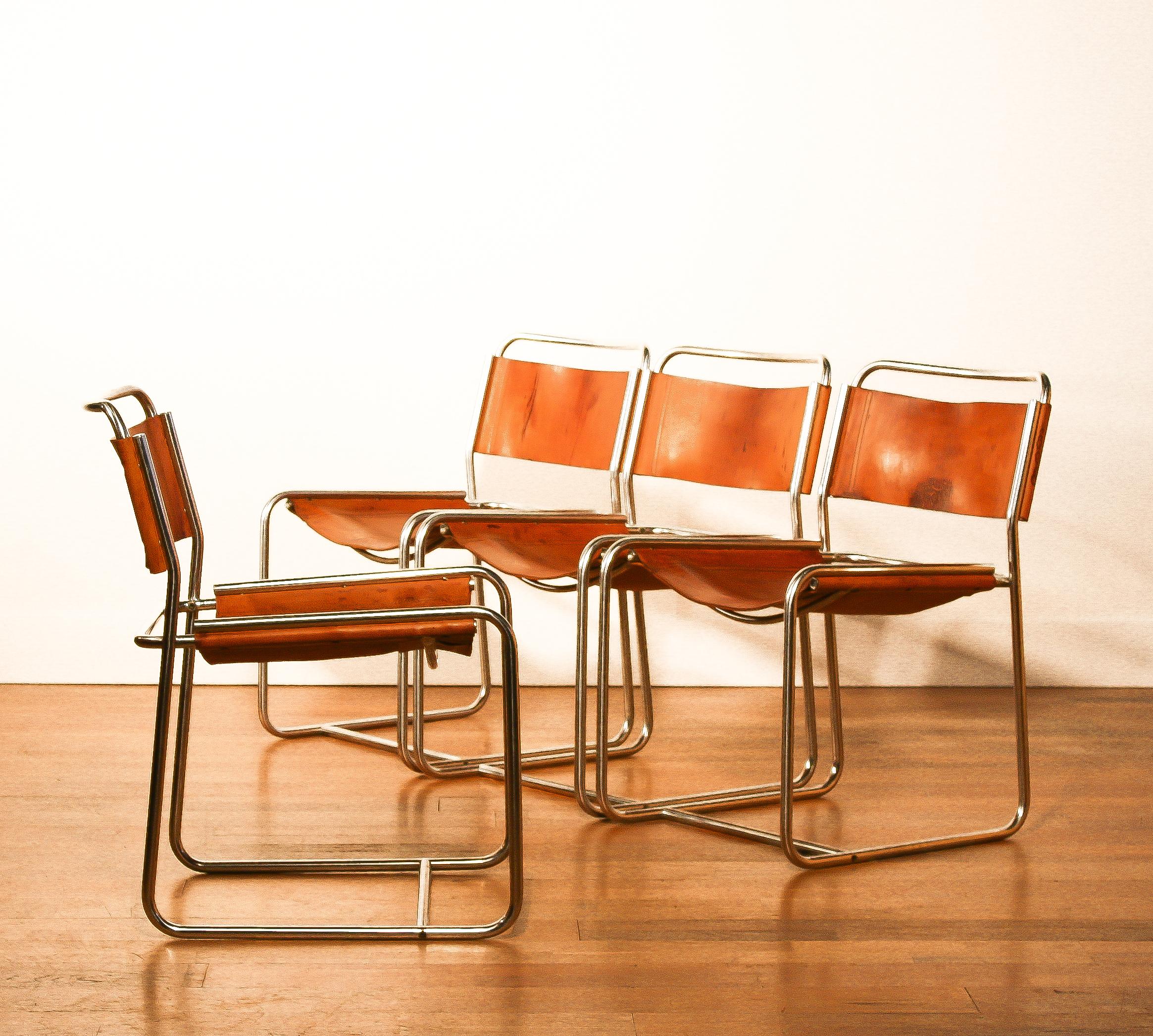 Steel / Leather Set Dining Chairs by Paul Ibens & Clair Bataille for 't Spectrum In Good Condition In Silvolde, Gelderland