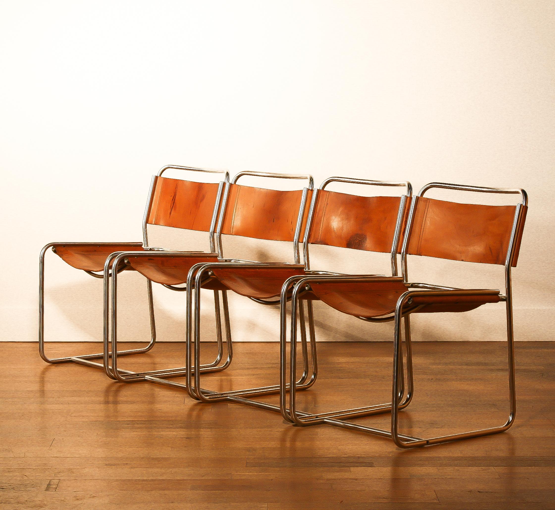 Late 20th Century Steel / Leather Set Dining Chairs by Paul Ibens & Clair Bataille for 't Spectrum