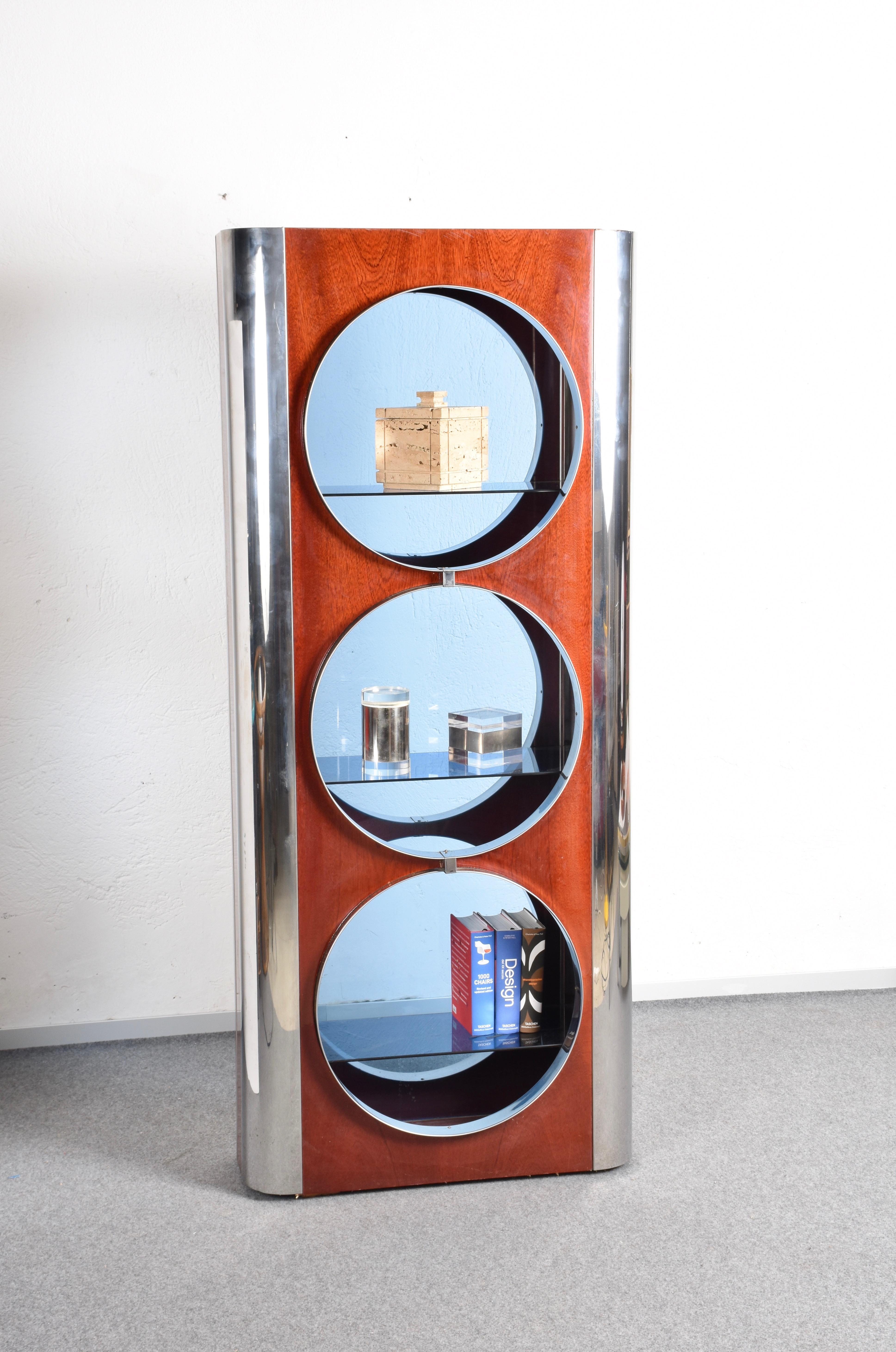Steel, Mahogany and Smoked Glass Italian Showcase Attributed Willy Rizzo, 1980s In Good Condition In Roma, IT