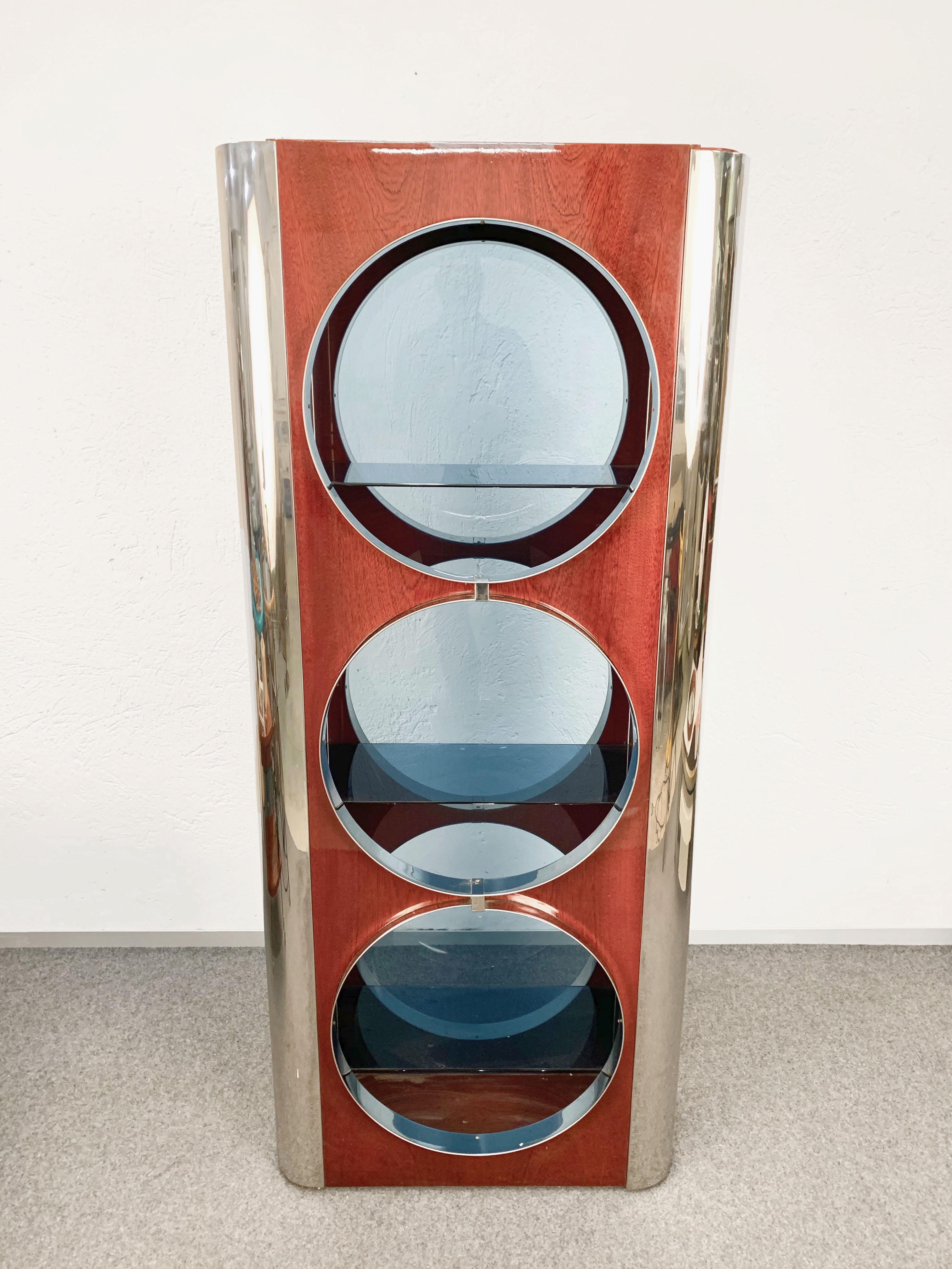 Steel Wood and Smoked Glass Italian Showcase Attributed to Willy Rizzo 1980s 3