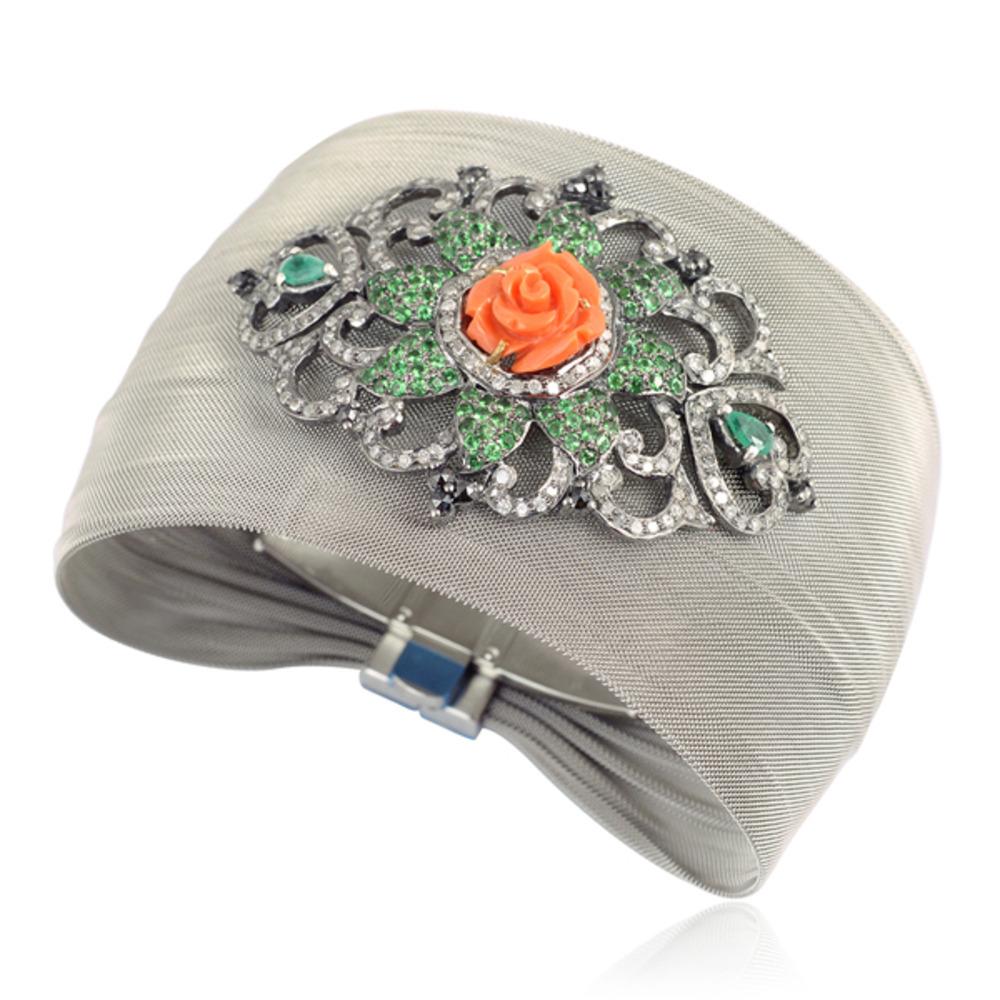 Art Deco Carved Coral Flower Motif On Steel Mesh Cuff With Emerald And Diamonds For Sale