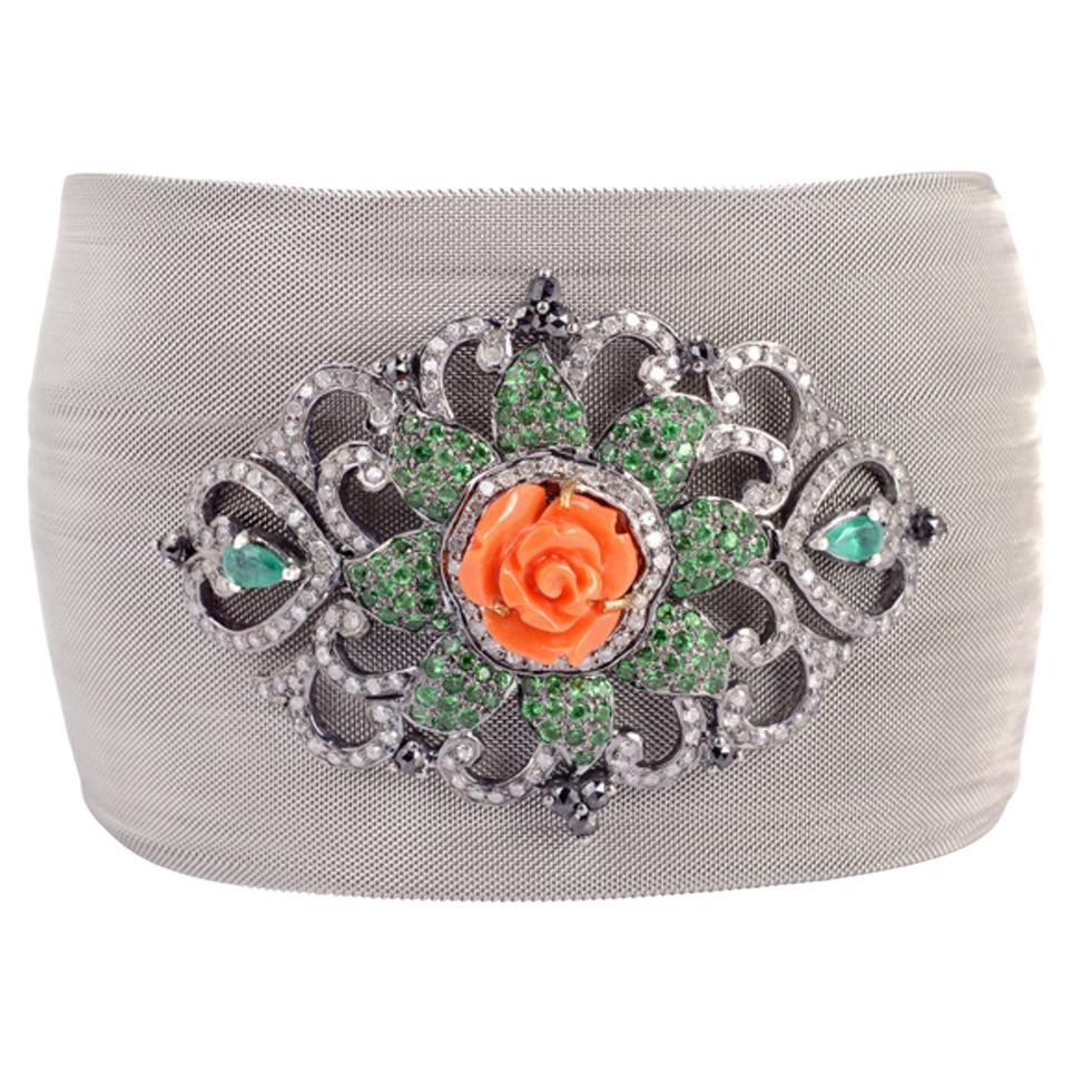 Carved Coral Flower Motif On Steel Mesh Cuff With Emerald And Diamonds
