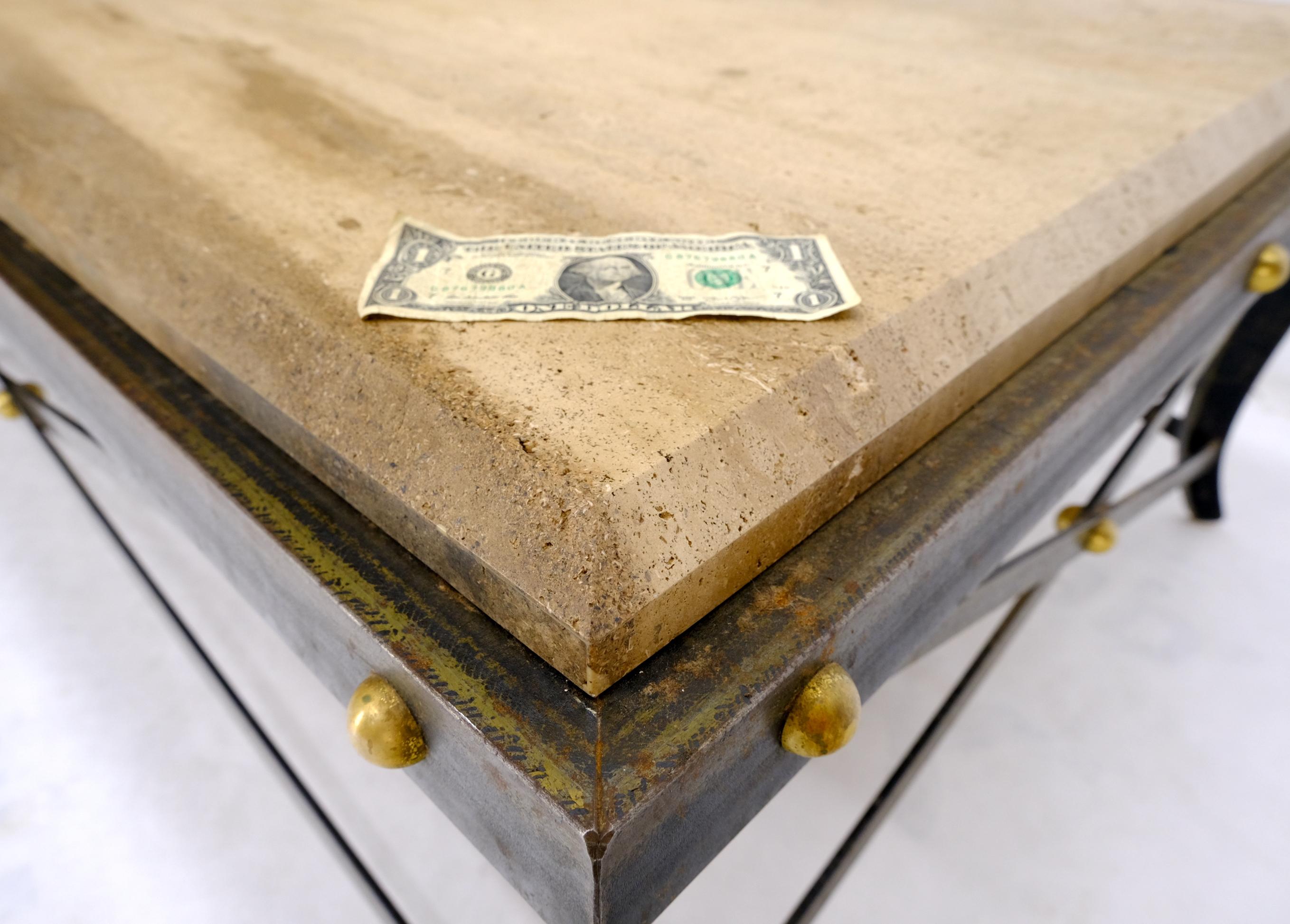 Steel Metal Forged X Base Travertine Top Rectangle Coffee Table w/ Brass Studs For Sale 2