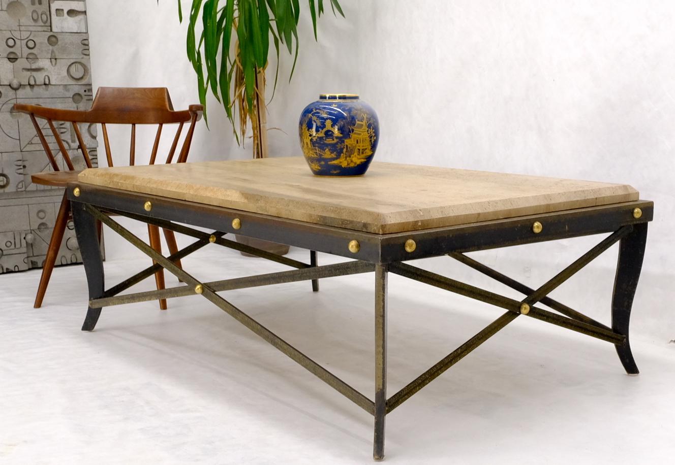 Mid-Century Modern Steel Metal Forged X Base Travertine Top Rectangle Coffee Table w/ Brass Studs For Sale