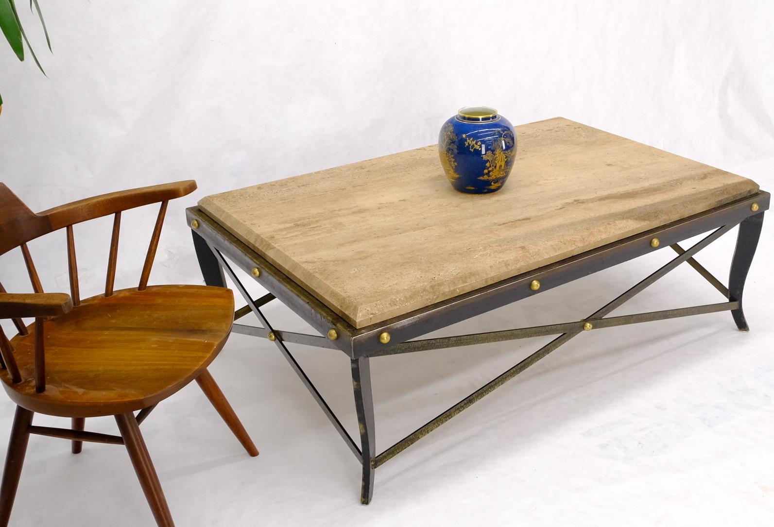Mexican Steel Metal Forged X Base Travertine Top Rectangle Coffee Table w/ Brass Studs For Sale