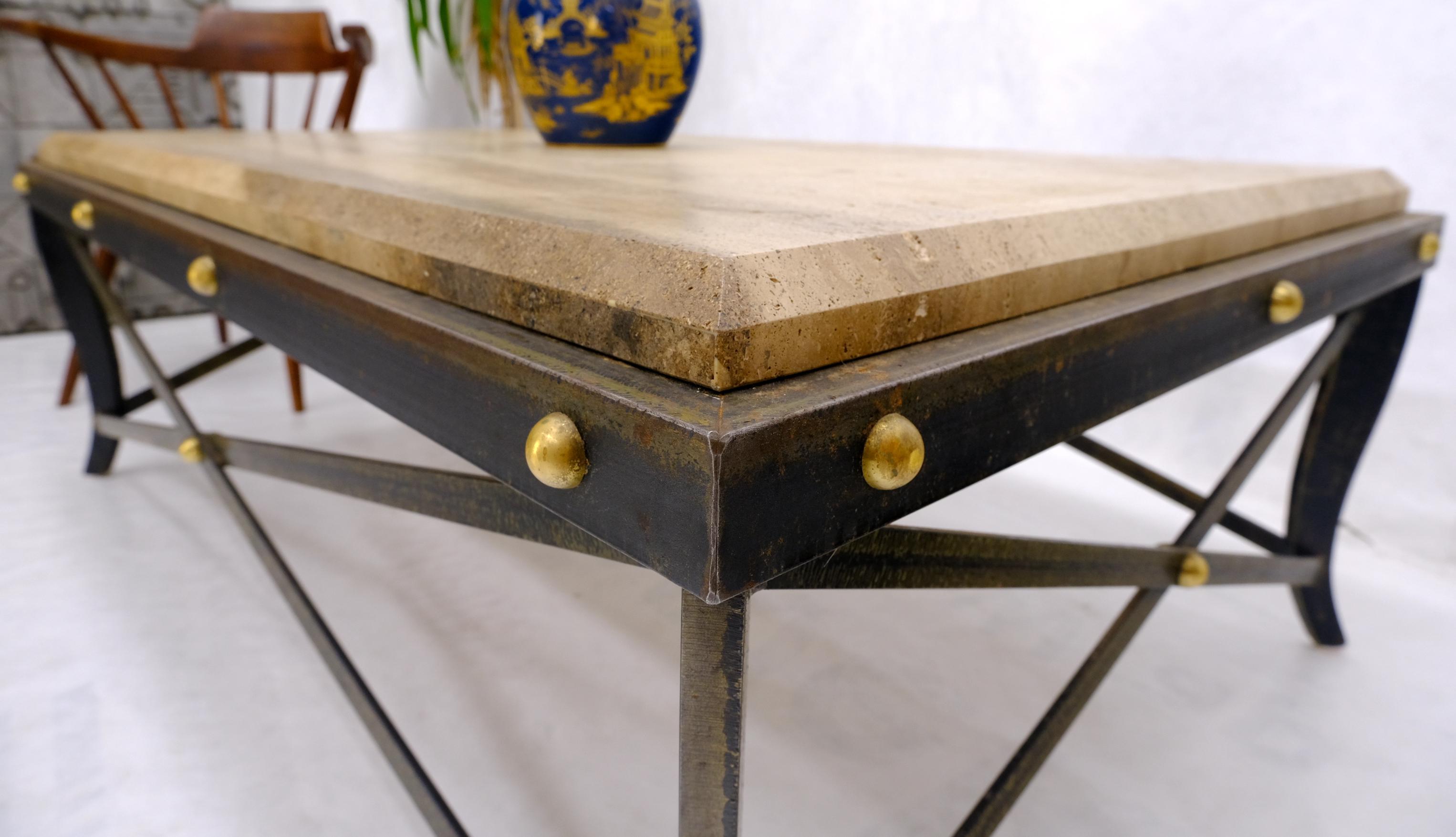 Polished Steel Metal Forged X Base Travertine Top Rectangle Coffee Table w/ Brass Studs For Sale