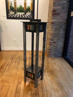 Steel Pedestal, Welded Steel and Found Painted Steel Square Top with Shelf