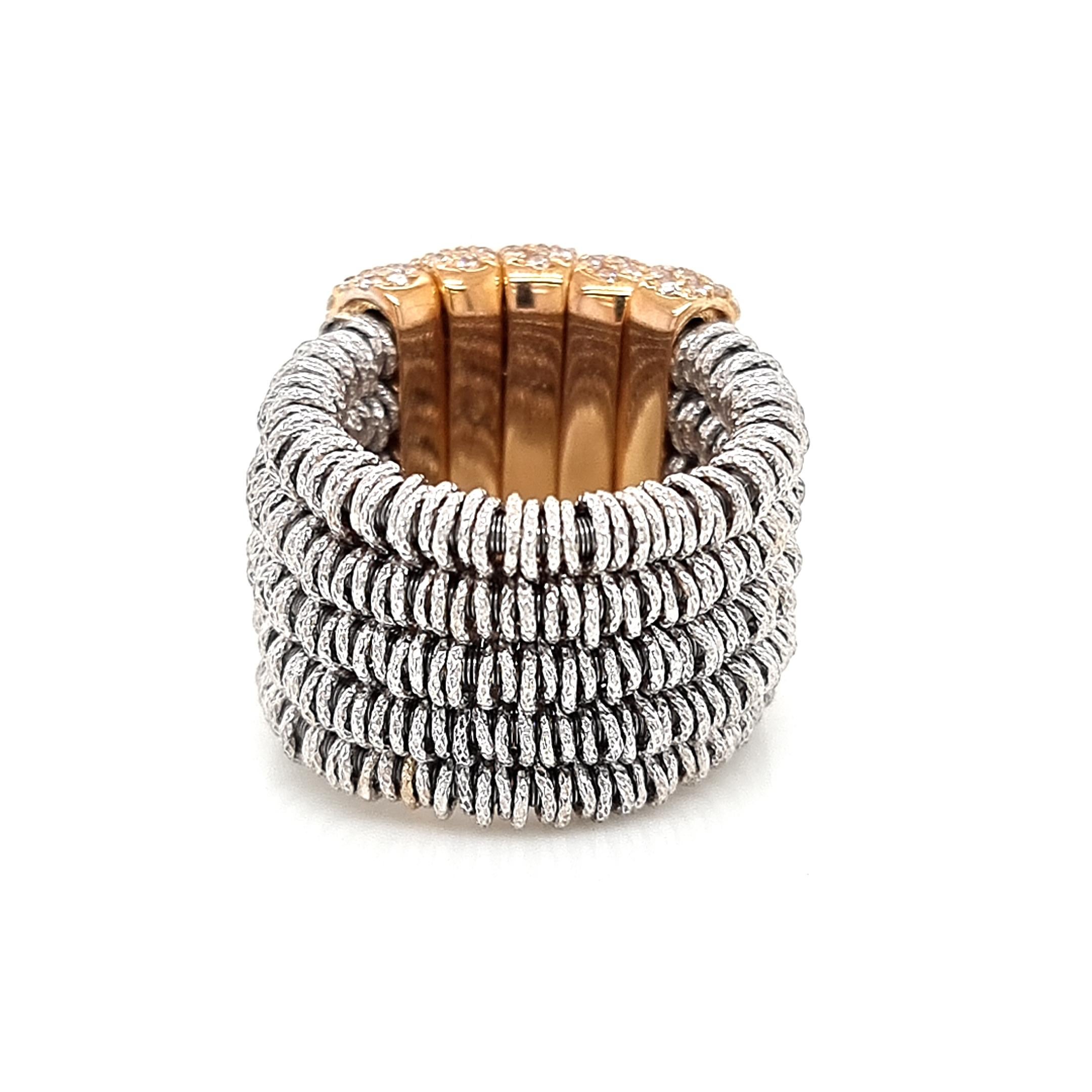 Round Cut Steel Ring with 18k Gold Elements Encrusted with Diamonds by Roberto Demeglio For Sale