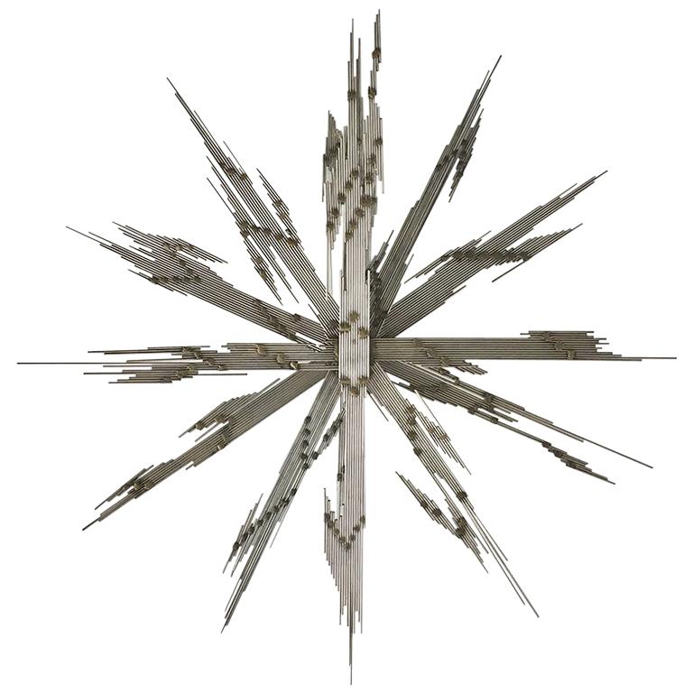 Steel Rod and Brass Lightning Starburst Wall Sculpture, 1970s For Sale