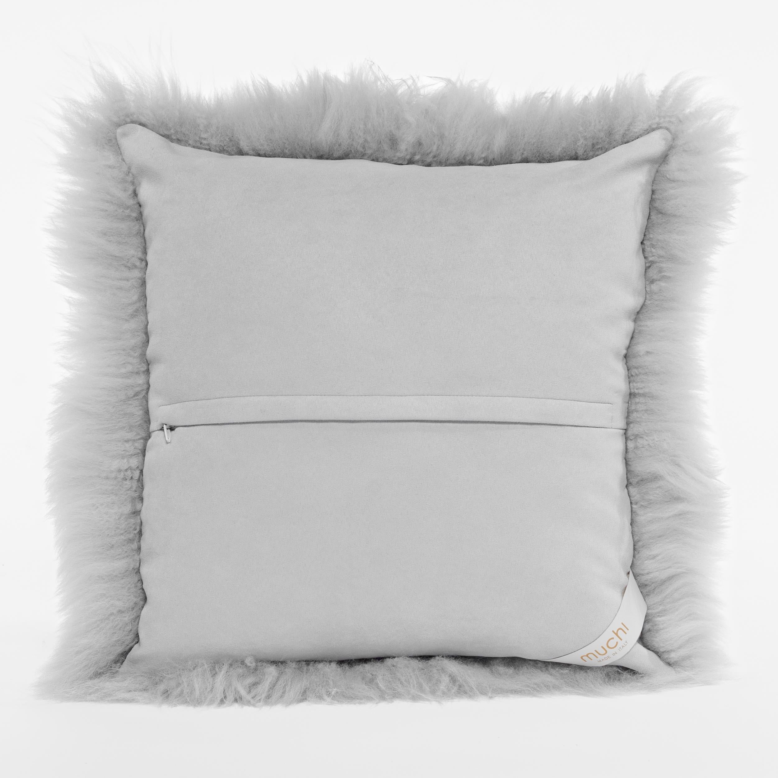 Modern Shearling Sheepskin Light Grey Cushion by Muchi Decor, Made in Italy For Sale