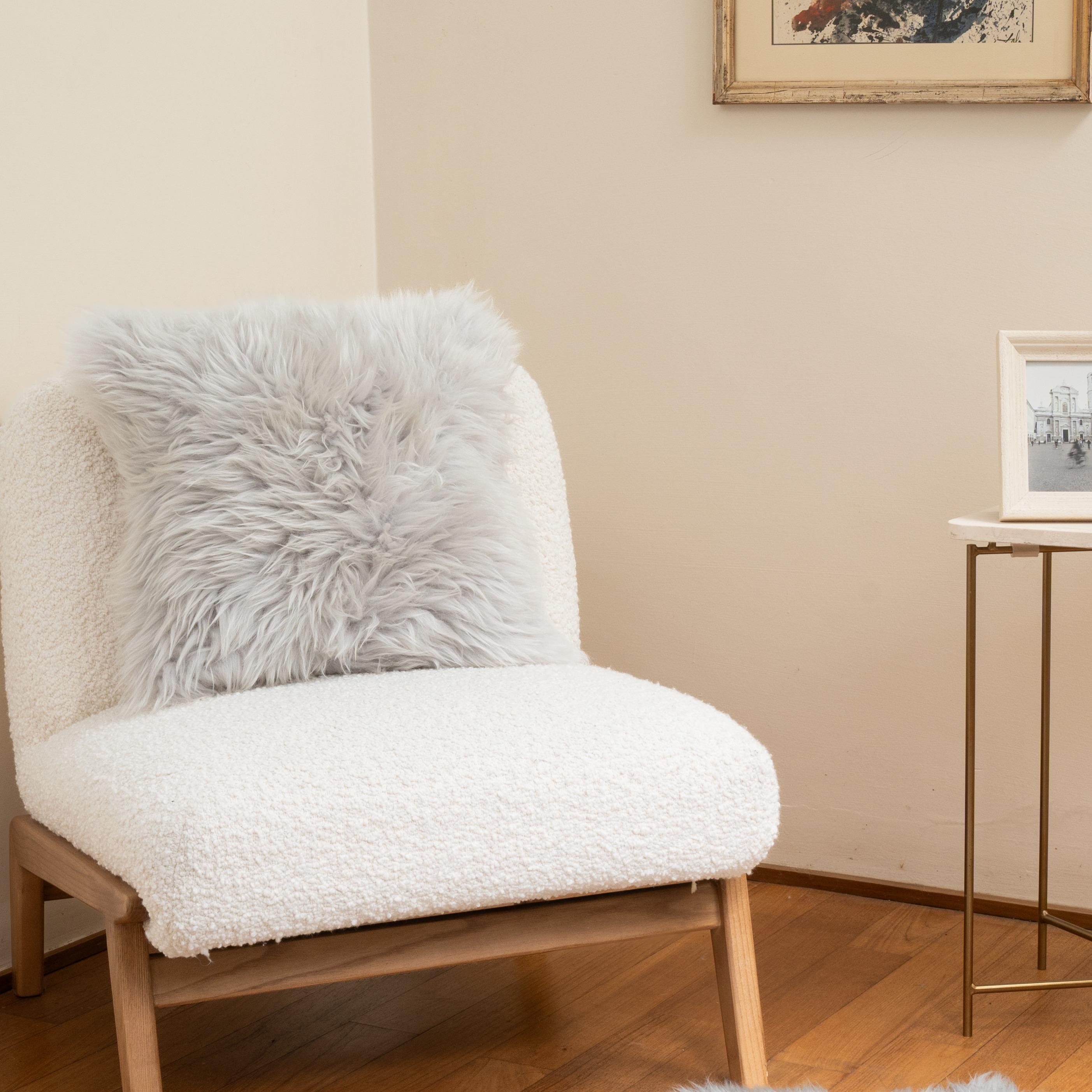 Hand-Crafted Shearling Sheepskin Light Grey Cushion by Muchi Decor, Made in Italy For Sale