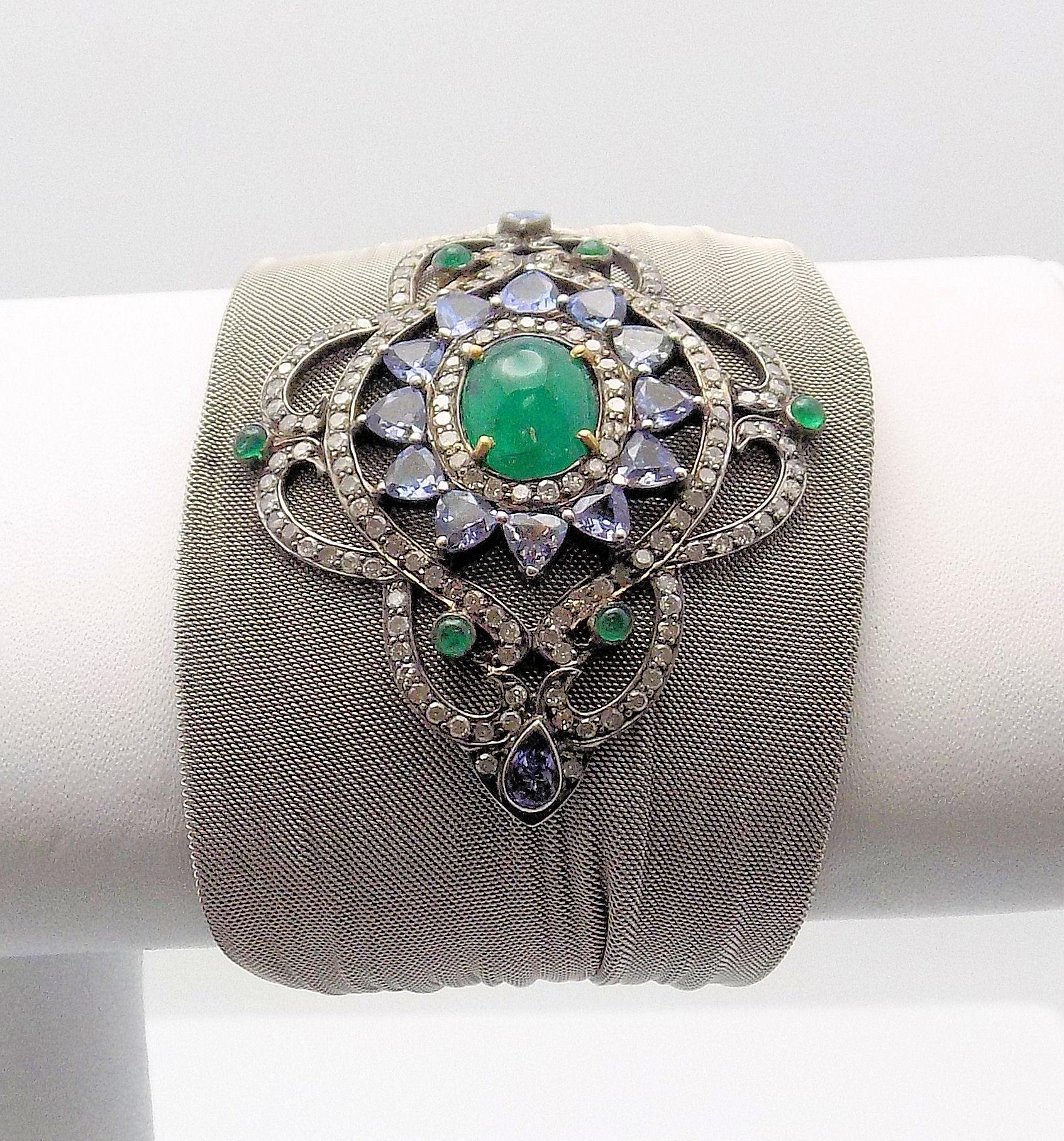 Steel/Silver Mesh Emerald, Tanzanite and Diamond Hinged Bracelet In New Condition In Dallas, TX