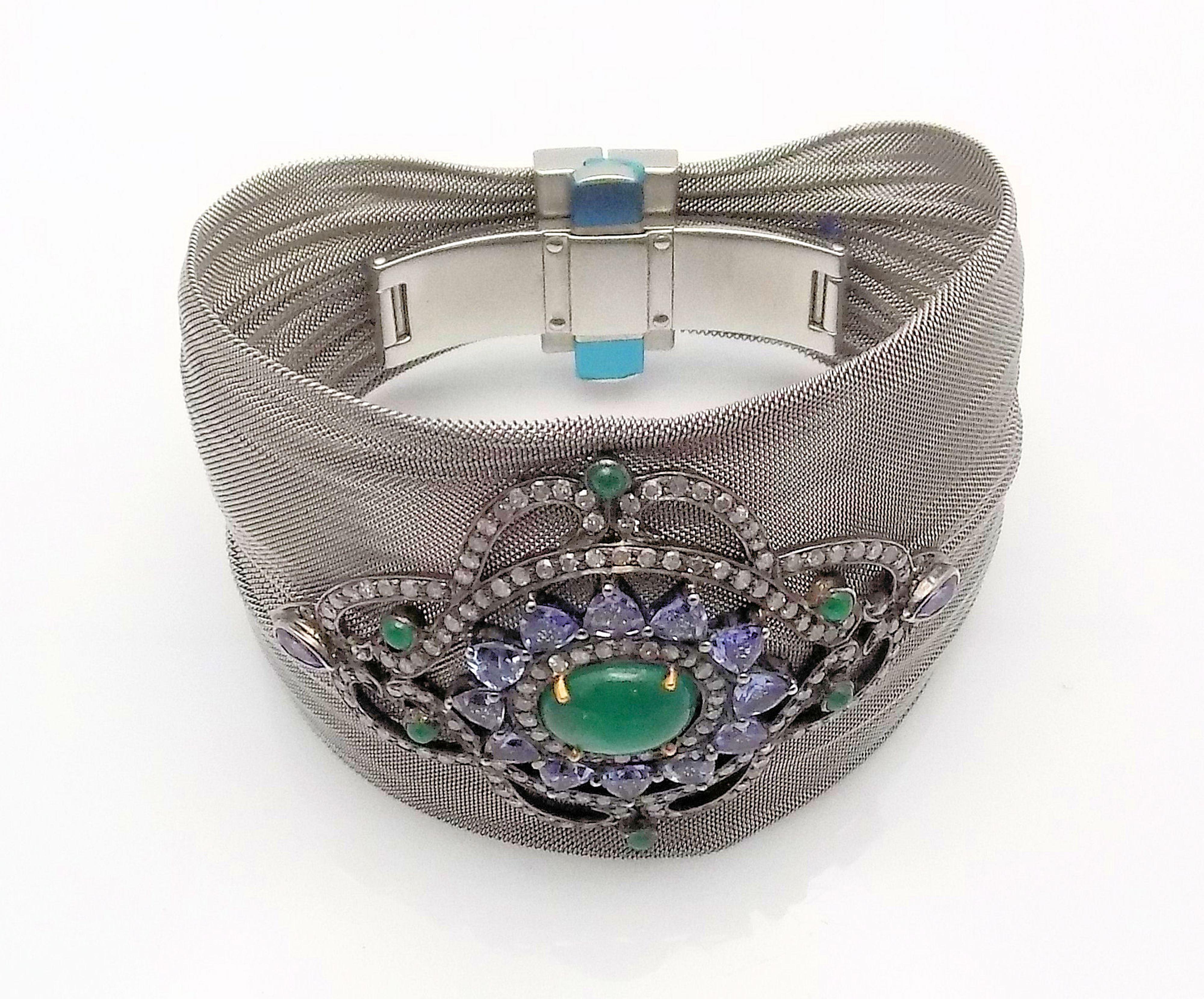 Women's Steel/Silver Mesh Emerald, Tanzanite and Diamond Hinged Bracelet