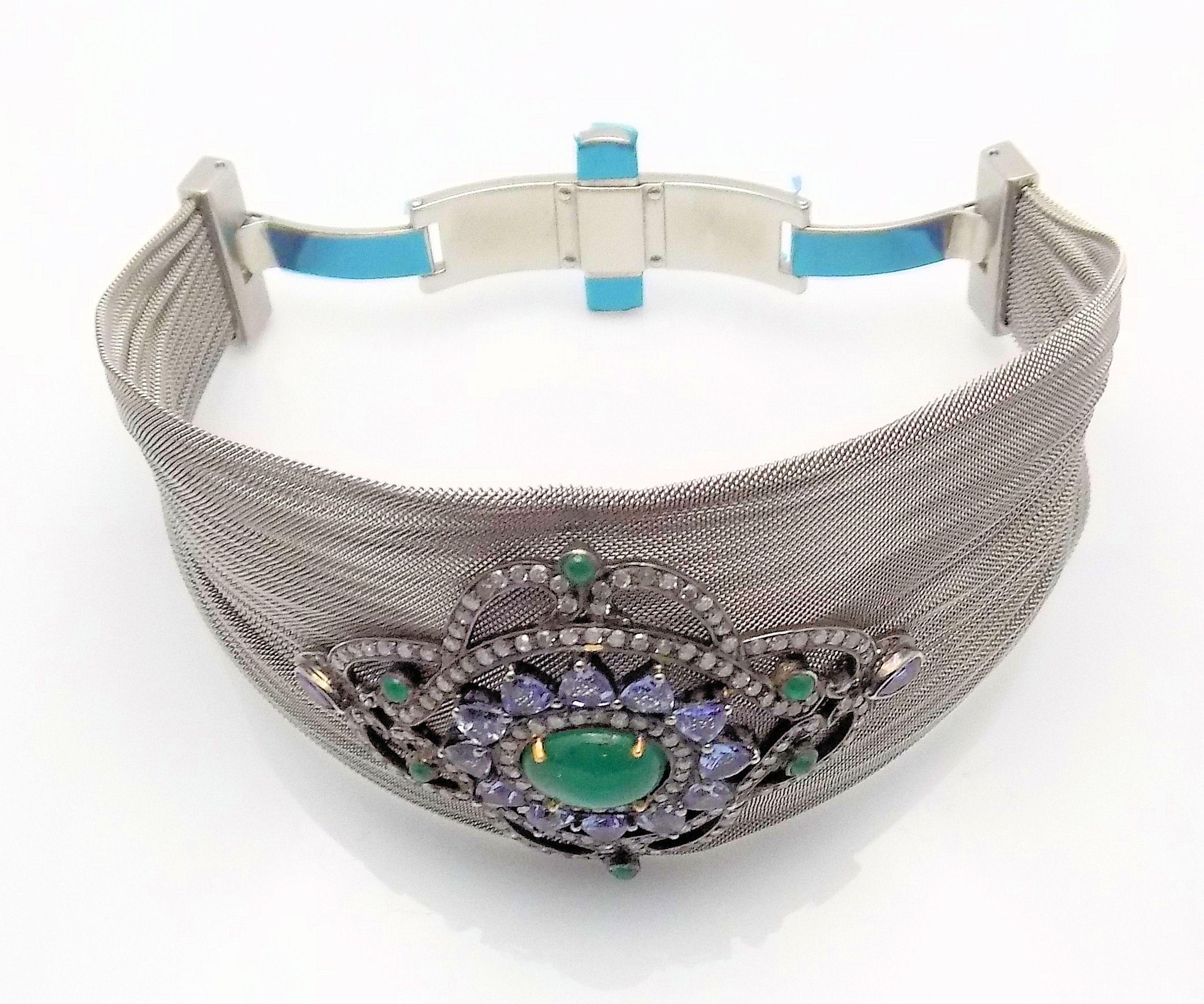 Steel/Silver Mesh Emerald, Tanzanite and Diamond Hinged Bracelet 1