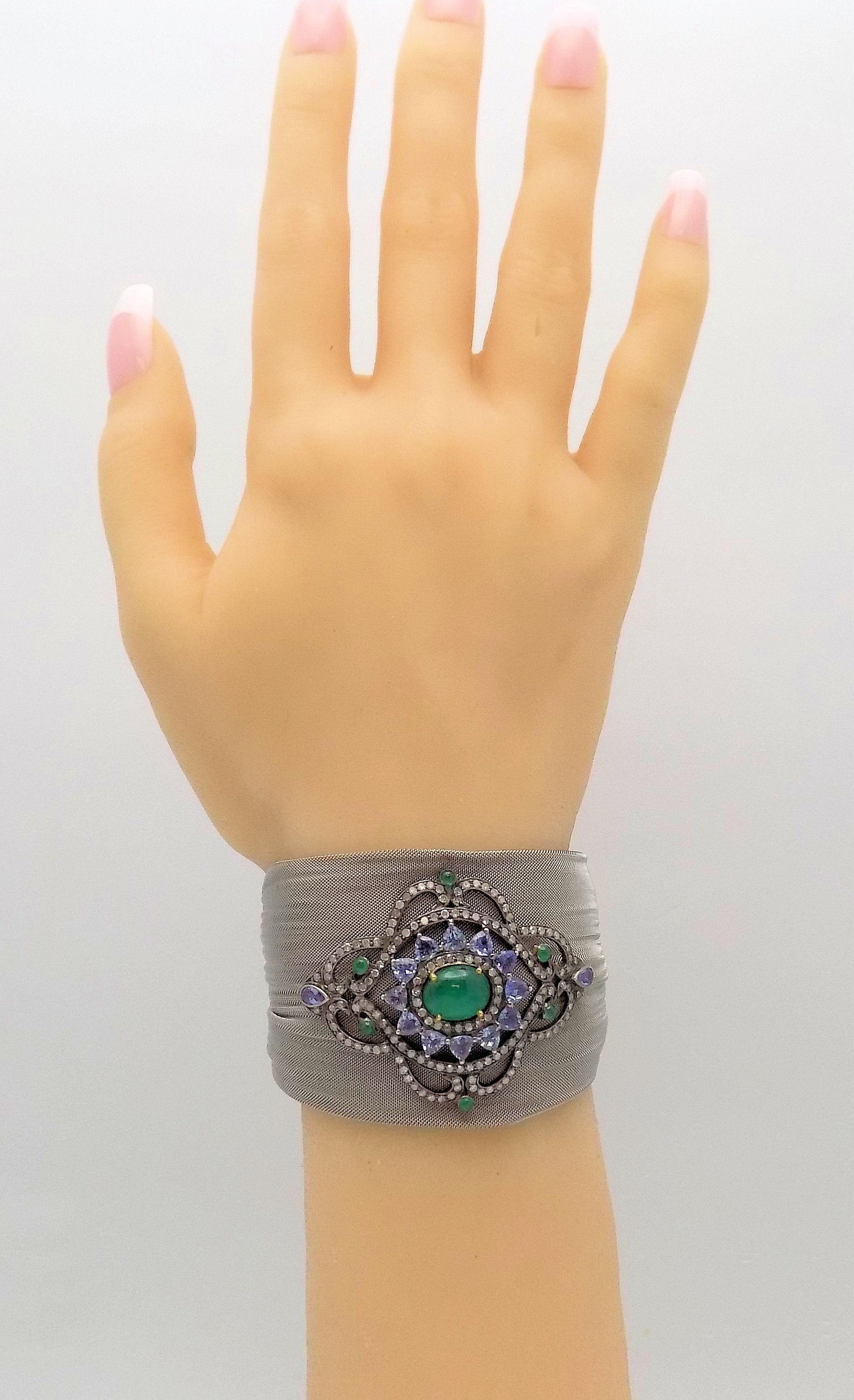 Steel/Silver Mesh Emerald, Tanzanite and Diamond Hinged Bracelet 2