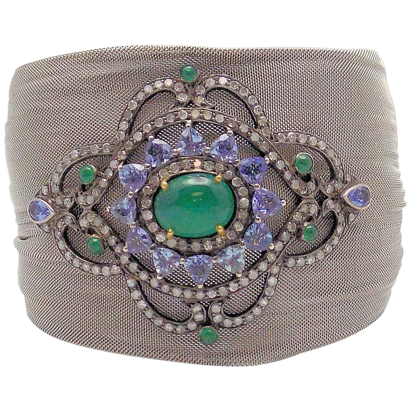 Steel/Silver Mesh Emerald, Tanzanite and Diamond Hinged Bracelet