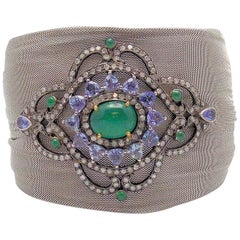 Steel/Silver Mesh Emerald, Tanzanite and Diamond Hinged Bracelet