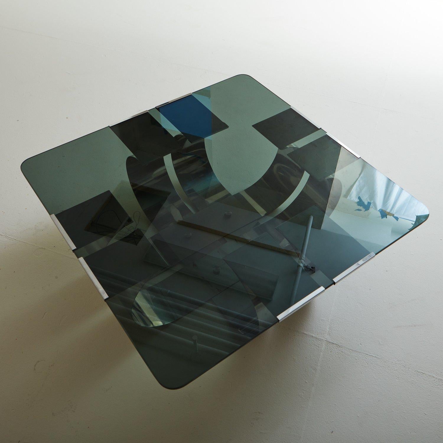 Steel + Smoked Glass Coffee Table by François Monnet, France 1970s For Sale 7
