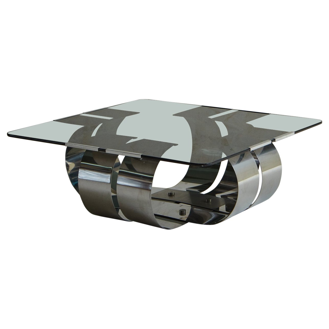 Steel + Smoked Glass Coffee Table by François Monnet, France 1970s