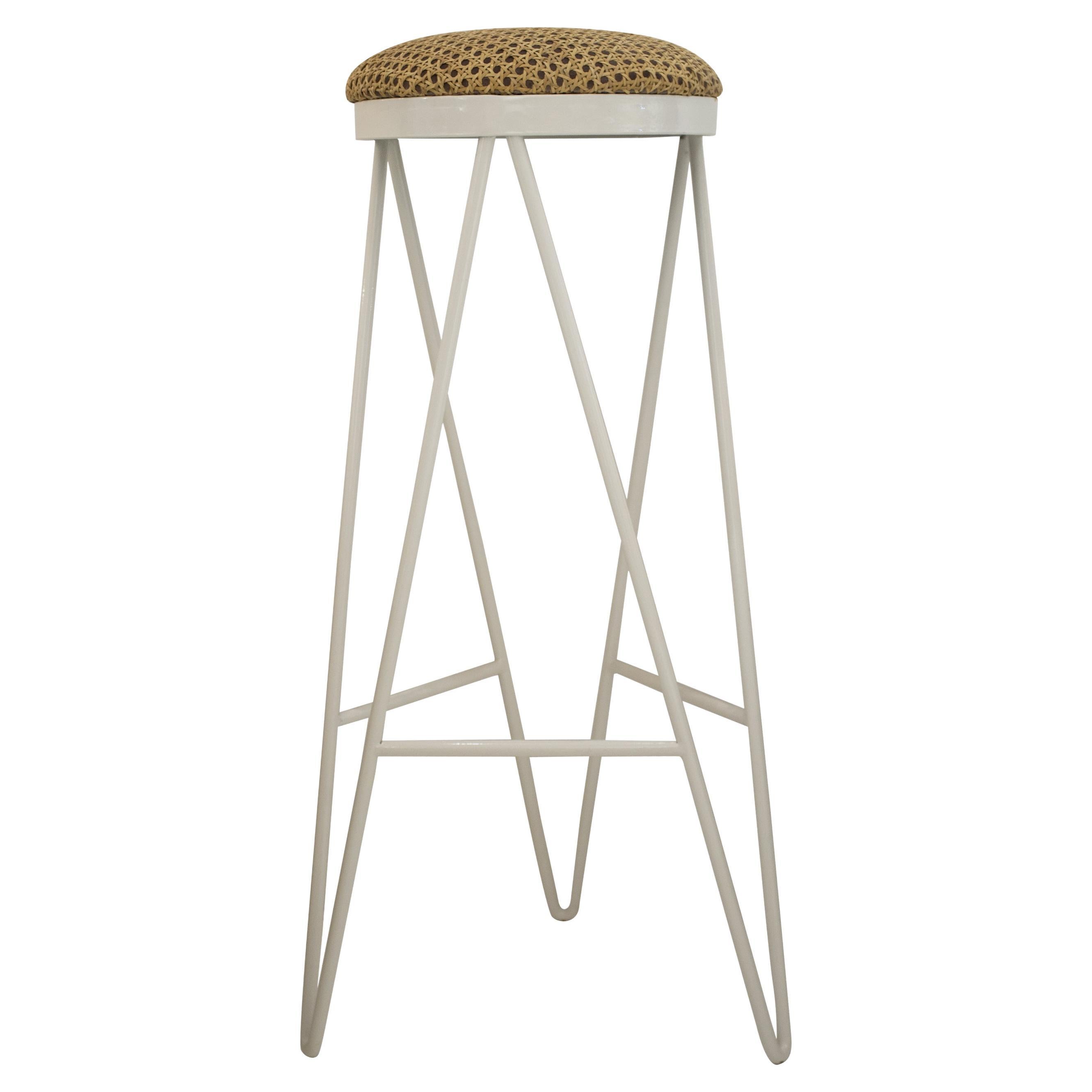 Steel Stool Designed by IKB191 Studio Upholstered in Wicker, Spain 2022 For Sale