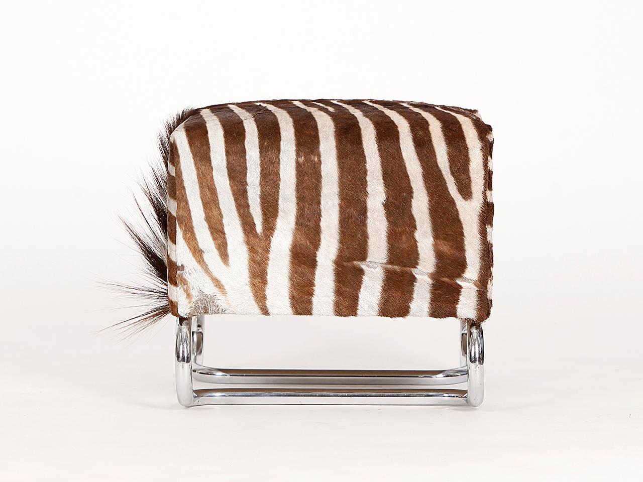 Made in the former Czechoslovakia in the 1930s. Completely reupholstered with new innerspring. Covered with an original vintage zebra skin. The chromed steel tube in very nice condition.