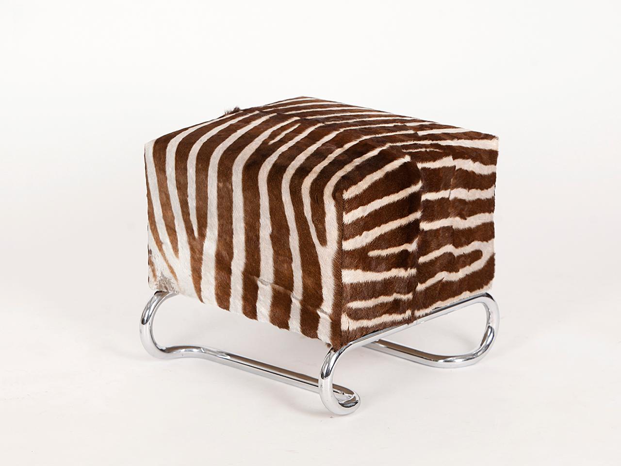 Mid-20th Century Steel Tube Stool Bench Table or Ottoman with Original Vintage Zebra Skin, 1930s