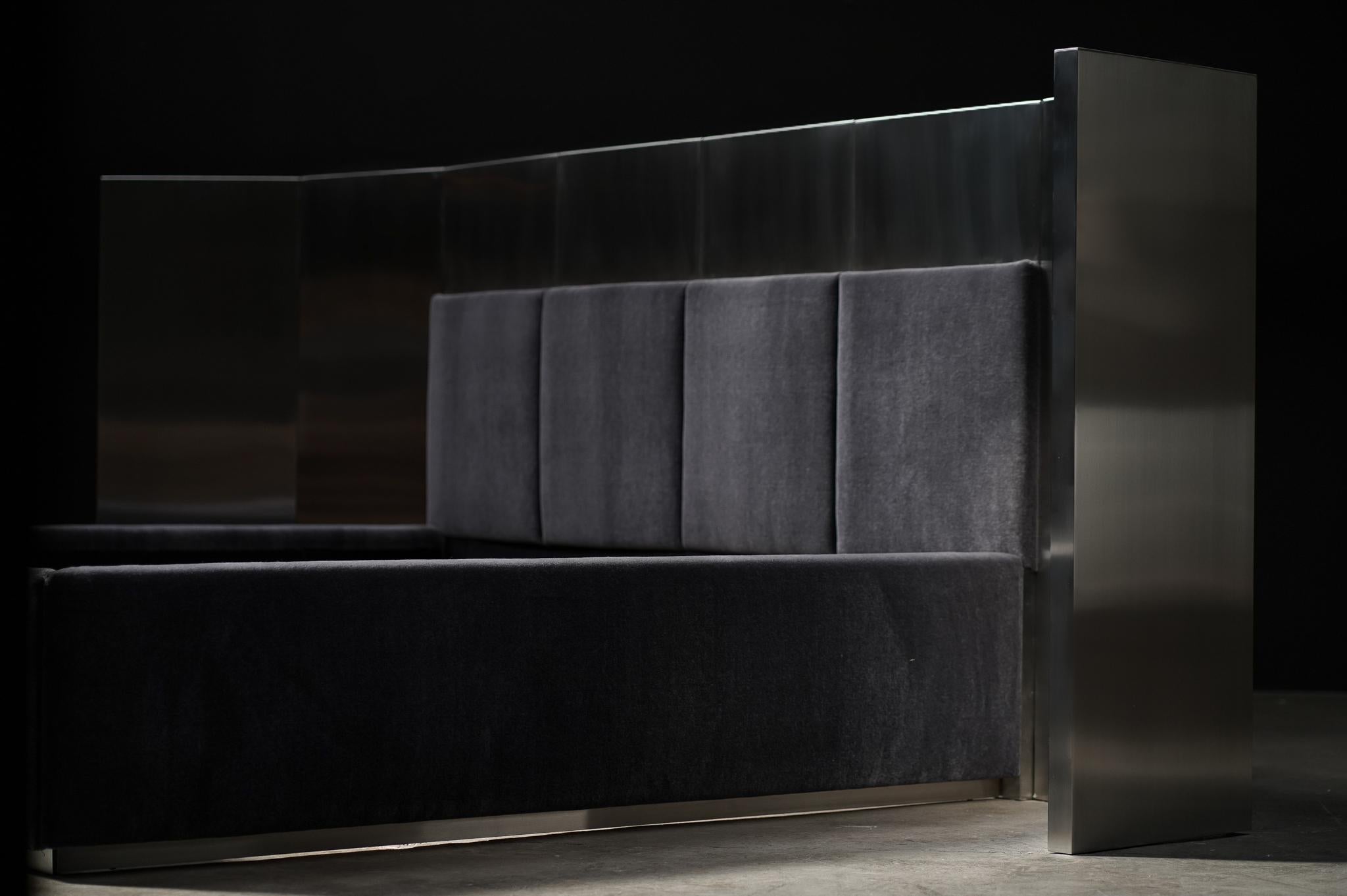 Steel Upholstered Headboard Bed, By Studio Balestra.
Made in Los Angeles - Upholstered in Studio Balestra line Mohair
Custom - Made to order

Sleek, refined, and effortlessly sophisticated — the Steel Upholstered Headboard Bed by Studio Balestra
