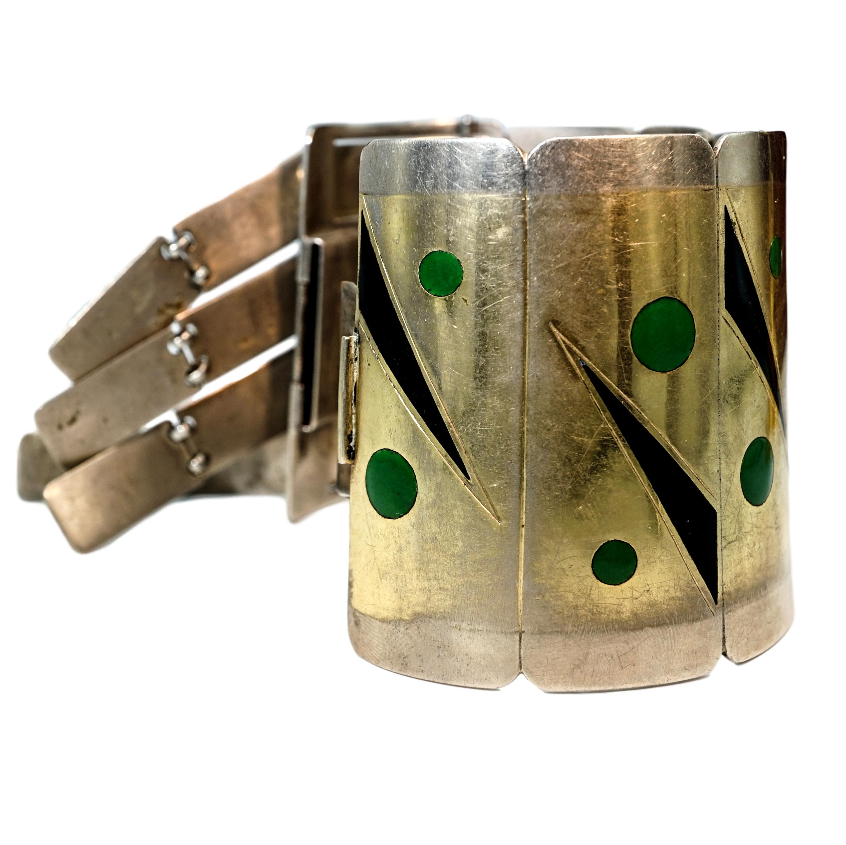 Art Deco Steel Vintage Bangle with Vermeil Gold and Black and Green Enamel For Sale