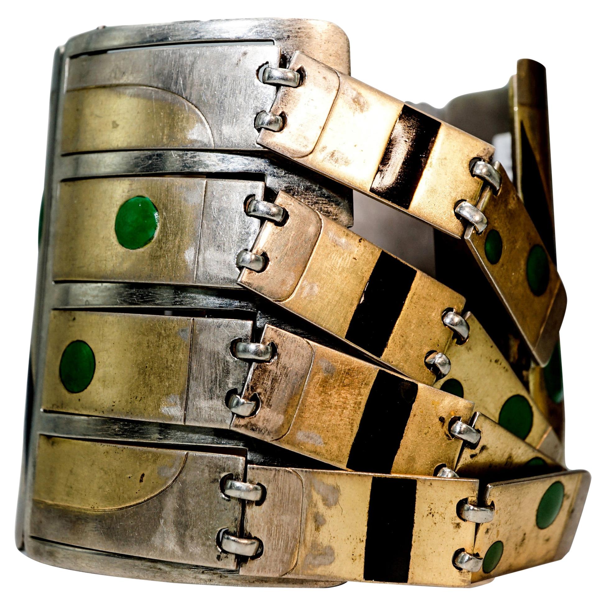 Steel Vintage Bangle with Vermeil Gold and Black and Green Enamel