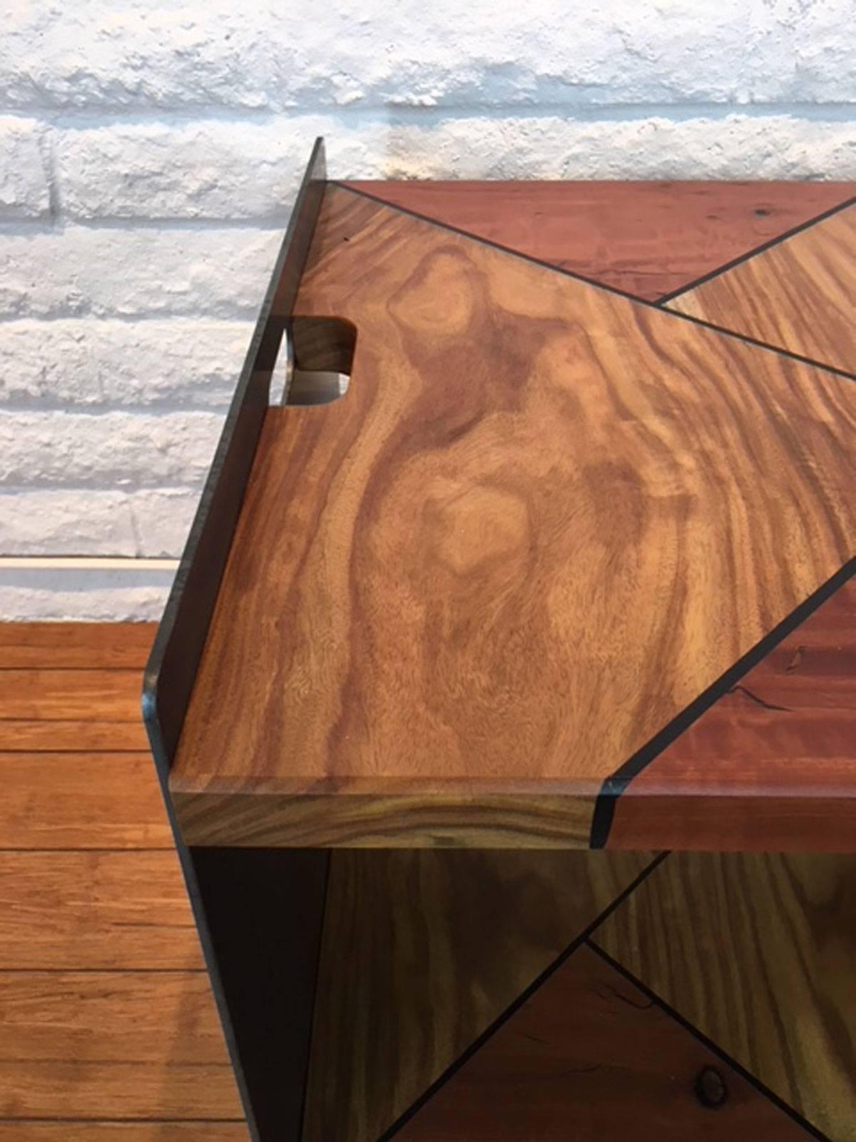 Contemporary Steel, Rosewood and Eucalyptus Side Table For Sale